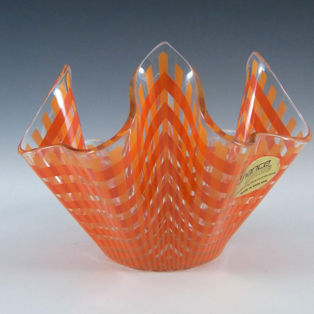 Chance Brothers Orange Glass "Gingham" Handkerchief Vase - Label - Click Image to Close