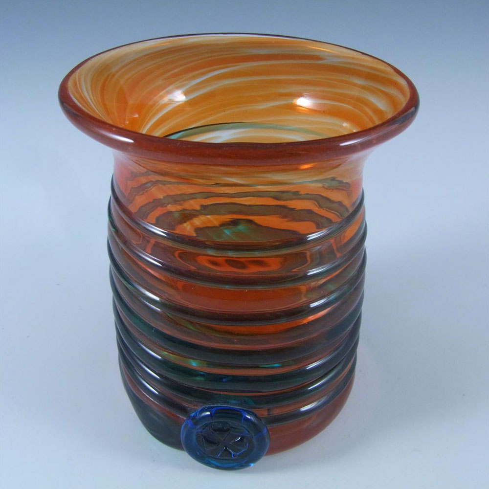 (image for) Mdina Trailed Maltese Orange & Blue Mottled Glass Vase - Signed - Click Image to Close