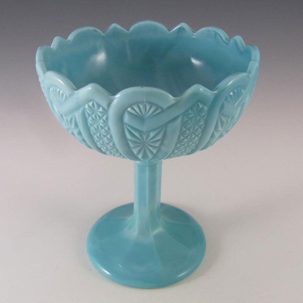 (image for) Antique 1890's Victorian Blue Milk Glass Footed Bowl - Click Image to Close