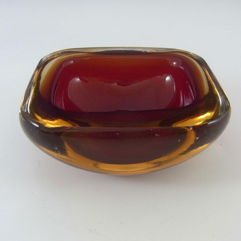 Murano Geode Red & Amber Sommerso Glass Square Bowl - Click Image to Close