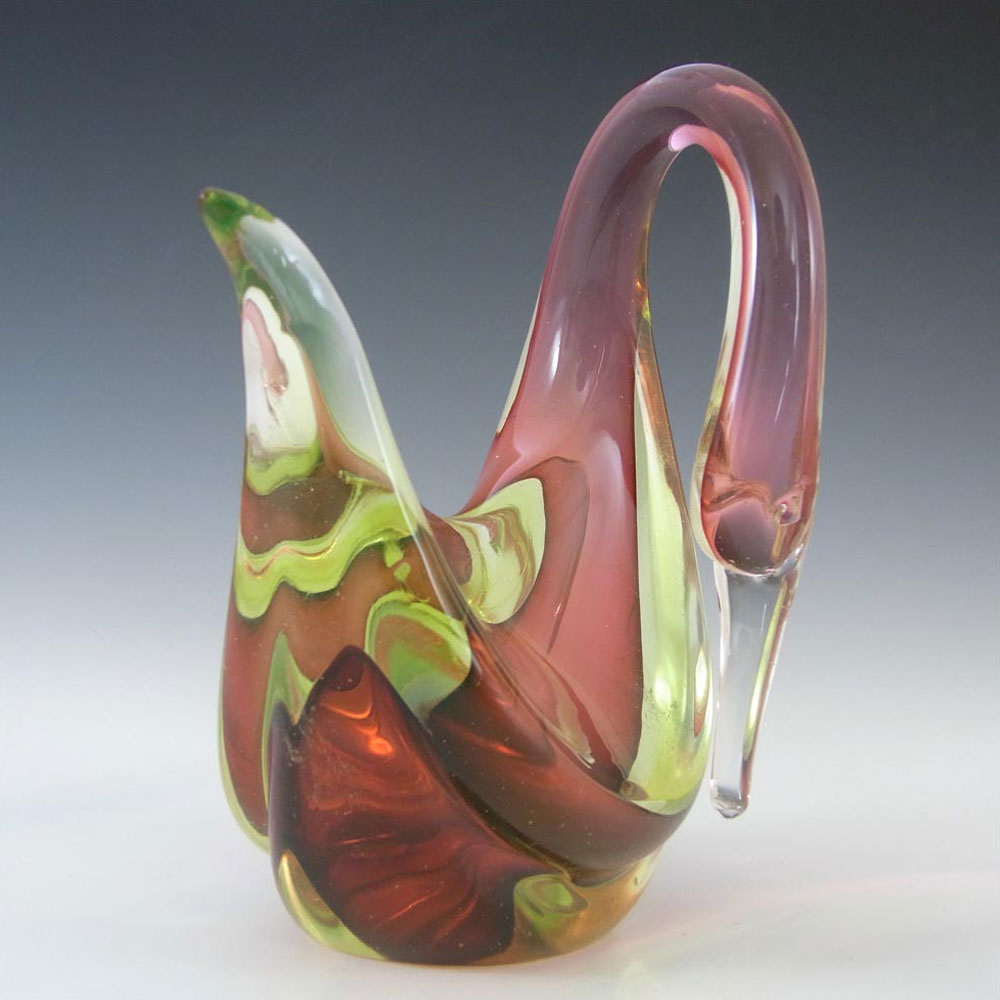 (image for) Murano / Sommerso Uranium Green & Pink Glass Swan Sculpture - Click Image to Close