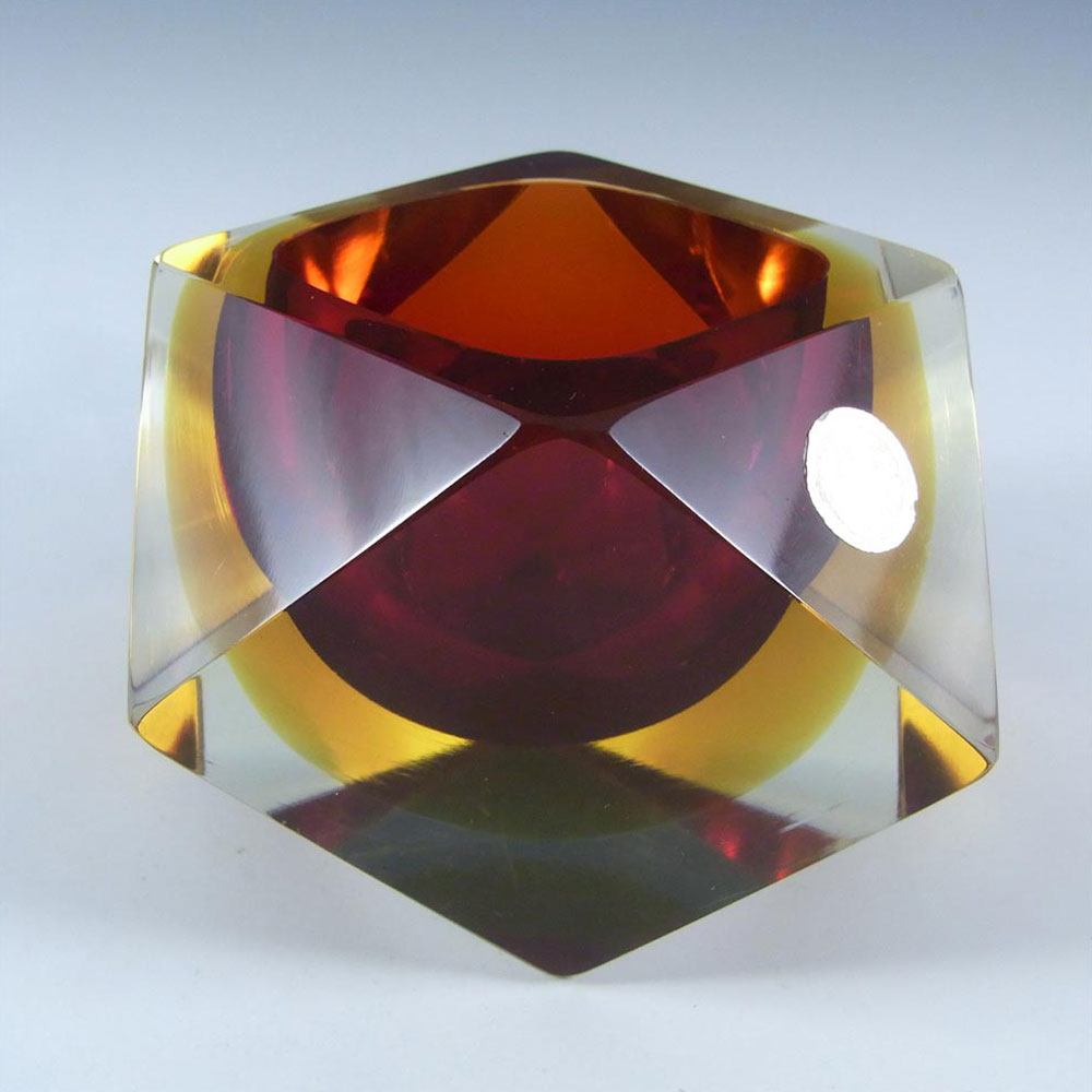 Murano Faceted Red & Amber Sommerso Glass Block Bowl #2 - Click Image to Close