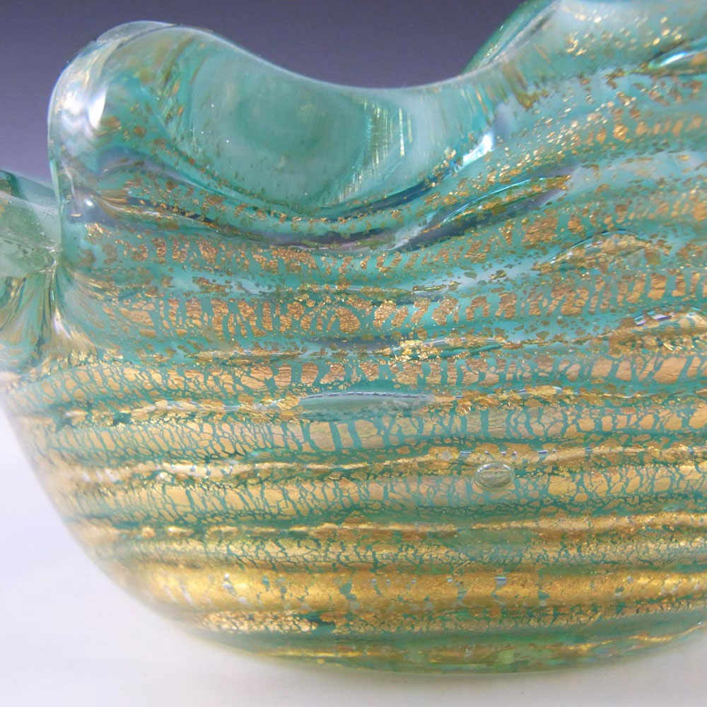 Barovier & Toso Green Stripe & Gold Leaf Murano Glass Bowl - Signed - Click Image to Close