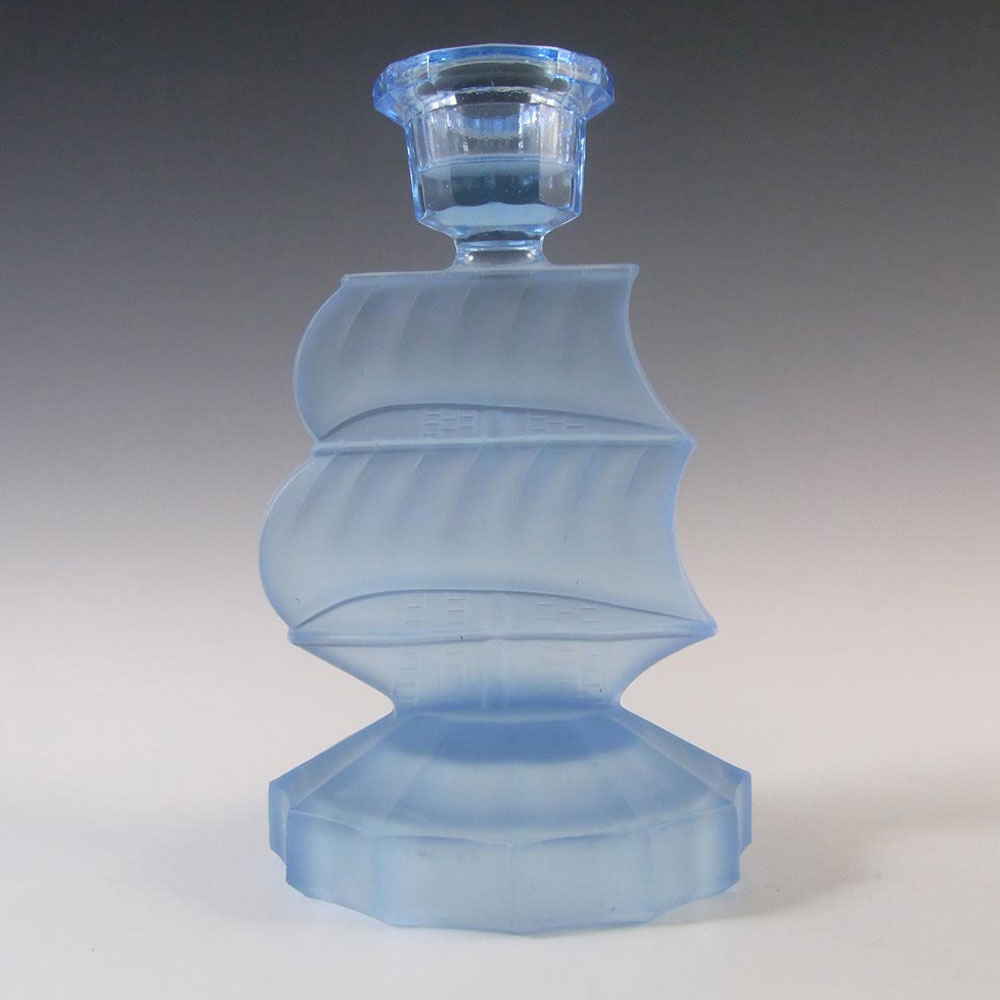 Art Deco 1930's Blue Frosted Glass Ship Candlesticks - Click Image to Close