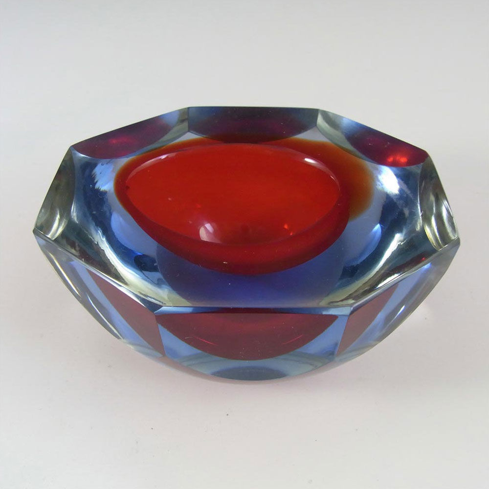 Murano Faceted Blue & Red Sommerso Glass Block Bowl - Click Image to Close