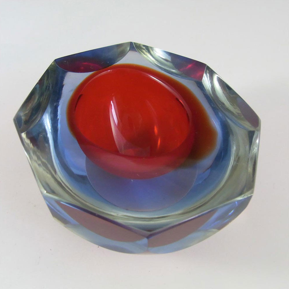 Murano Faceted Blue & Red Sommerso Glass Block Bowl - Click Image to Close