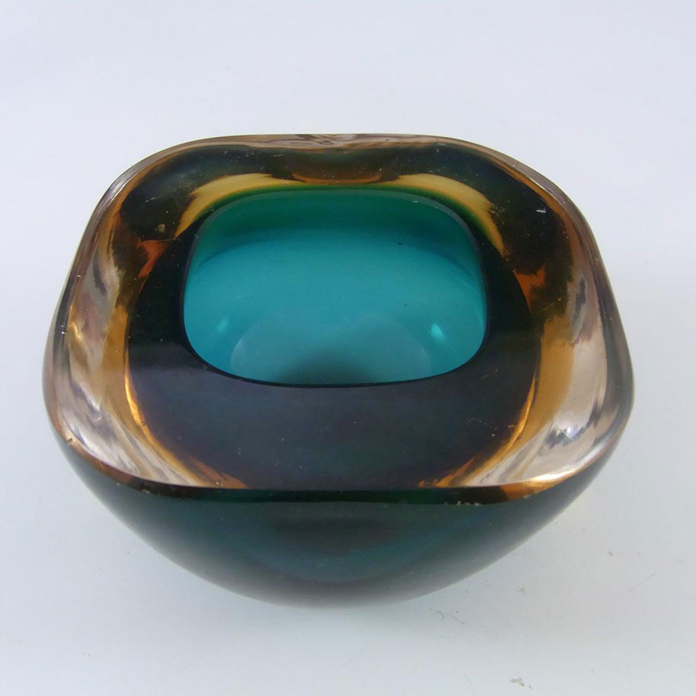 Murano Geode Blue & Amber Sommerso Glass Square Bowl - Click Image to Close
