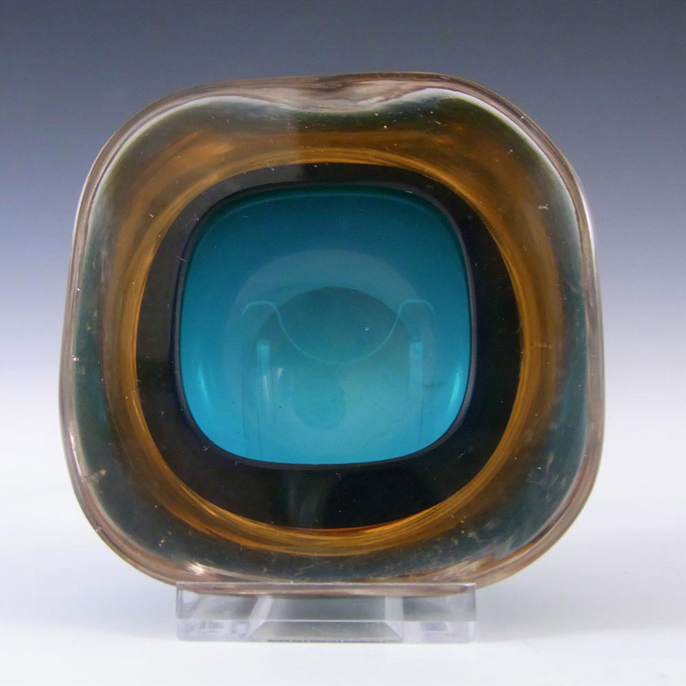 Murano Geode Blue & Amber Sommerso Glass Square Bowl - Click Image to Close