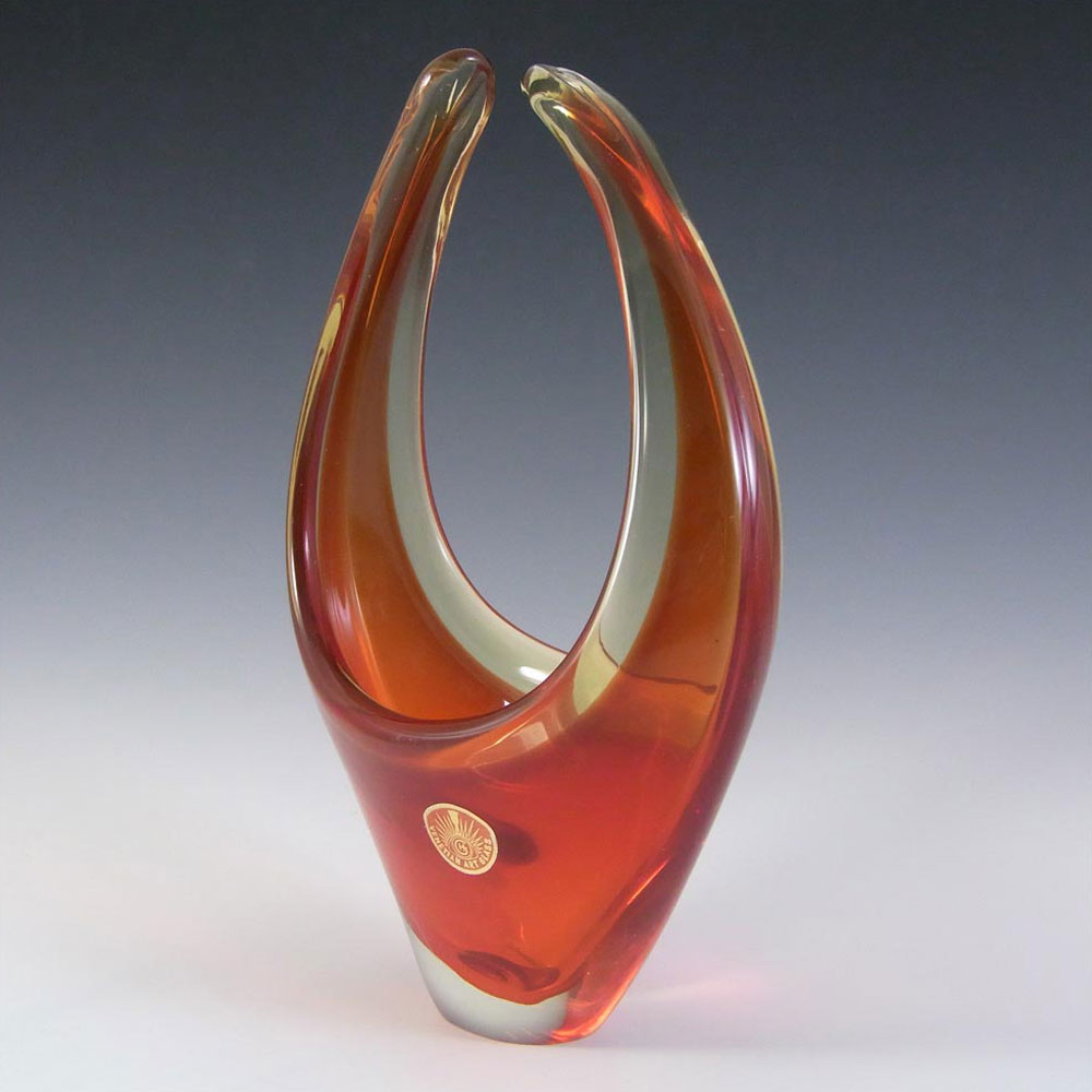 Murano Red & Amber Cased Glass Organic Sculpture Bowl - Click Image to Close