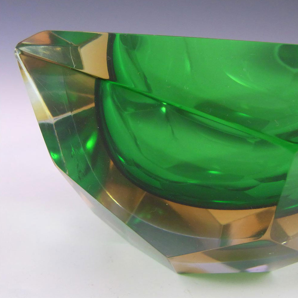 Murano Faceted Green & Amber Sommerso Glass Block Bowl - Click Image to Close