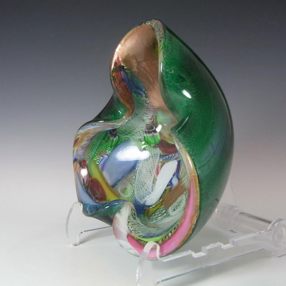 AVEM Murano Zanfirico Bizantino / Tutti Frutti Green Glass Tricorn Bowl - Click Image to Close
