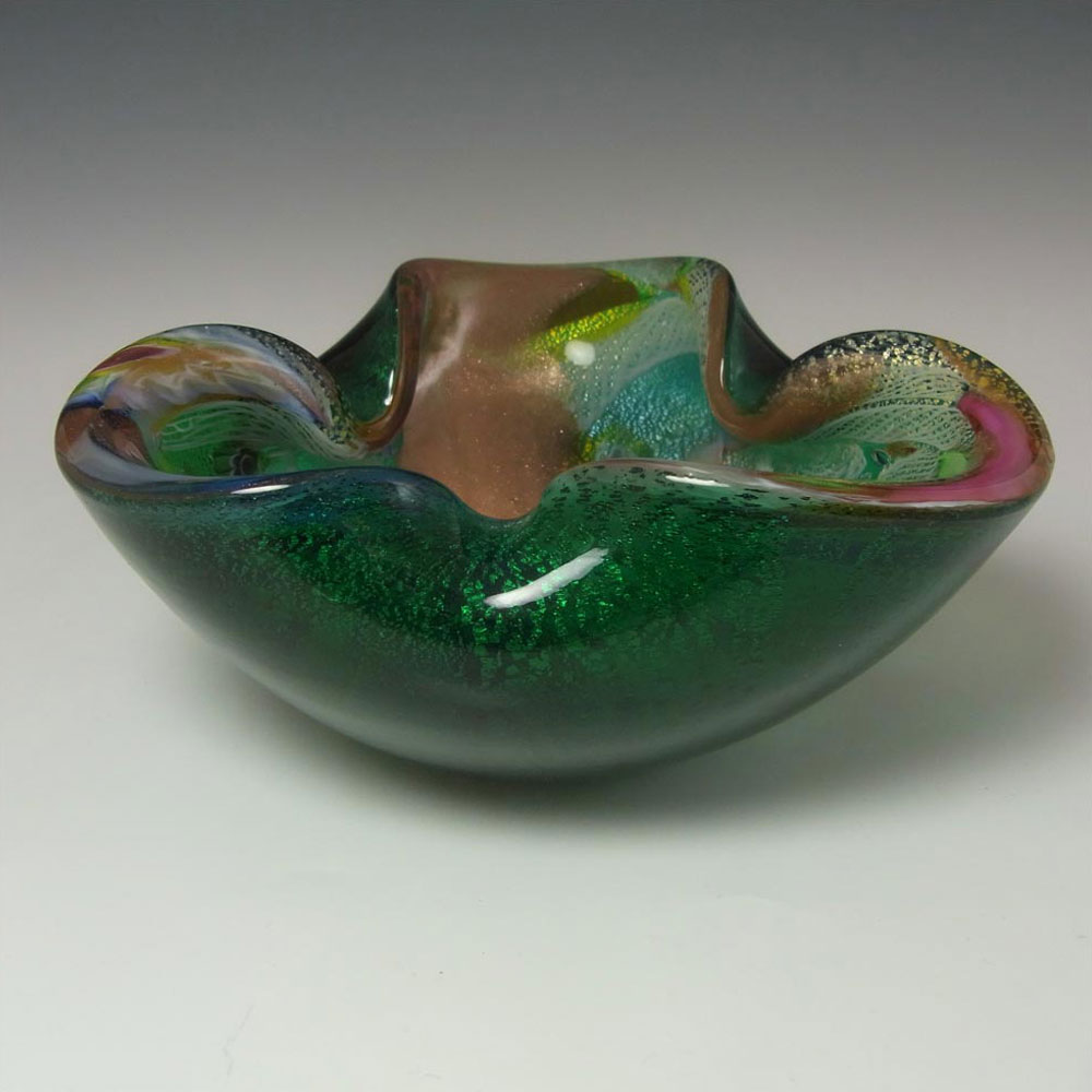 (image for) AVEM Murano Zanfirico Bizantino / Tutti Frutti Green Glass Tricorn Bowl - Click Image to Close