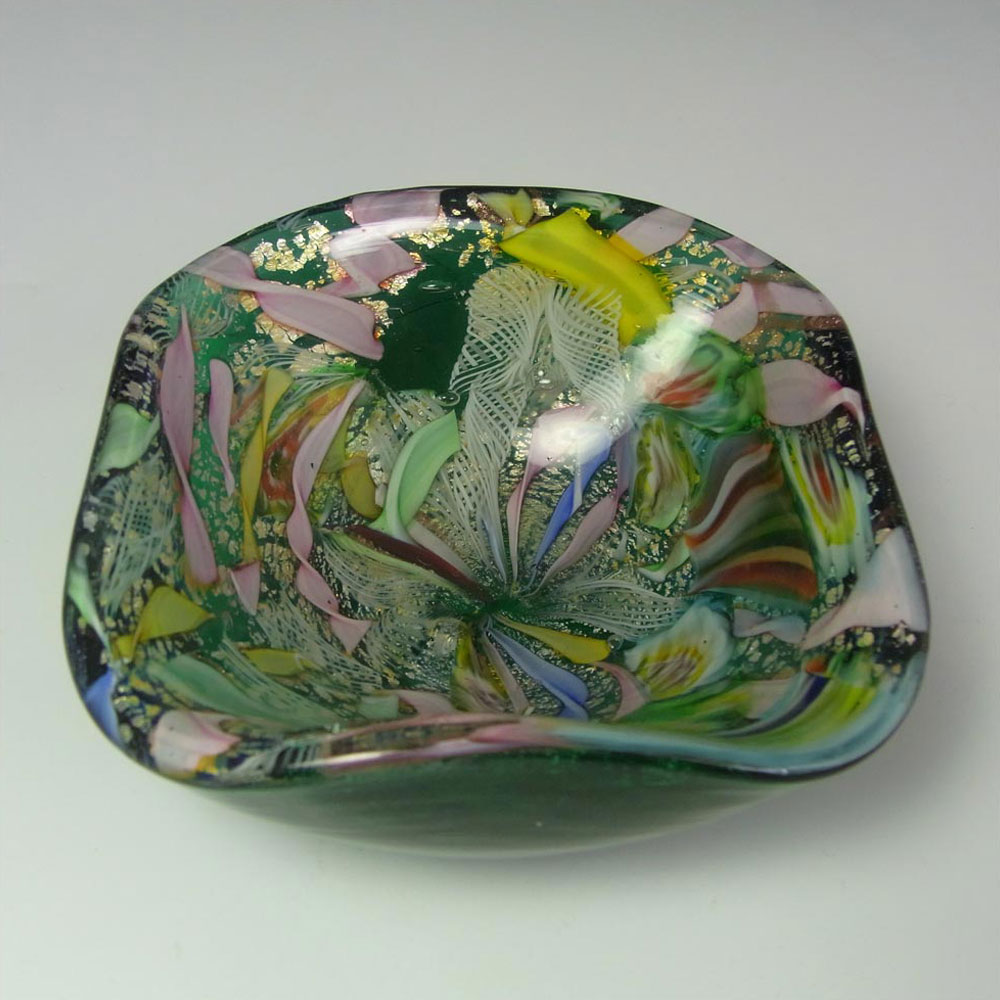 AVEM Murano Zanfirico Bizantino / Tutti Frutti Green Glass Square Bowl - Click Image to Close