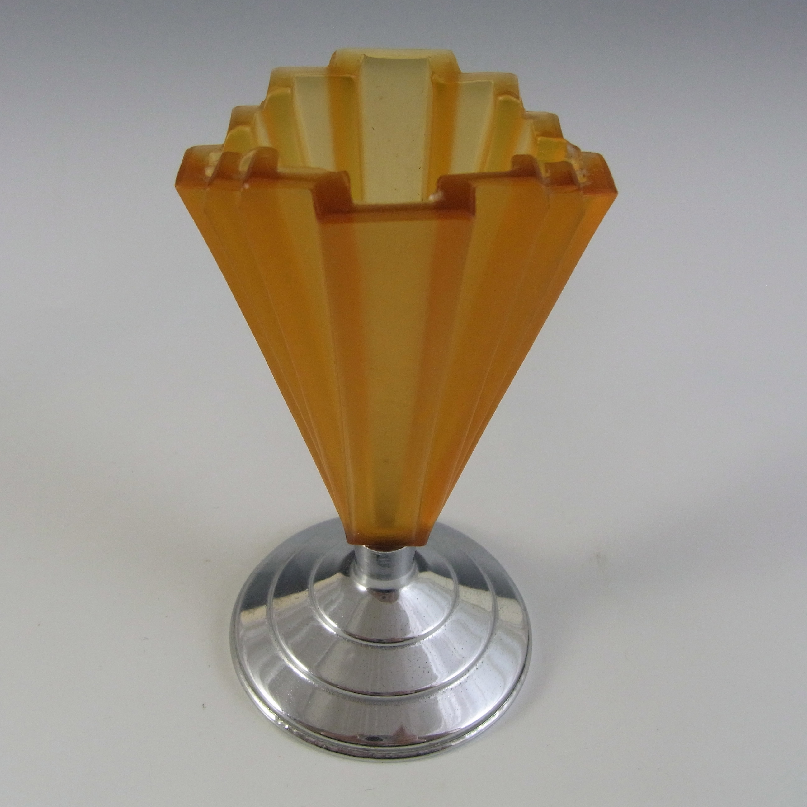 (image for) Bagley #334 Art Deco 4.5" Amber Glass & Chrome 'Grantham' Vase - Click Image to Close