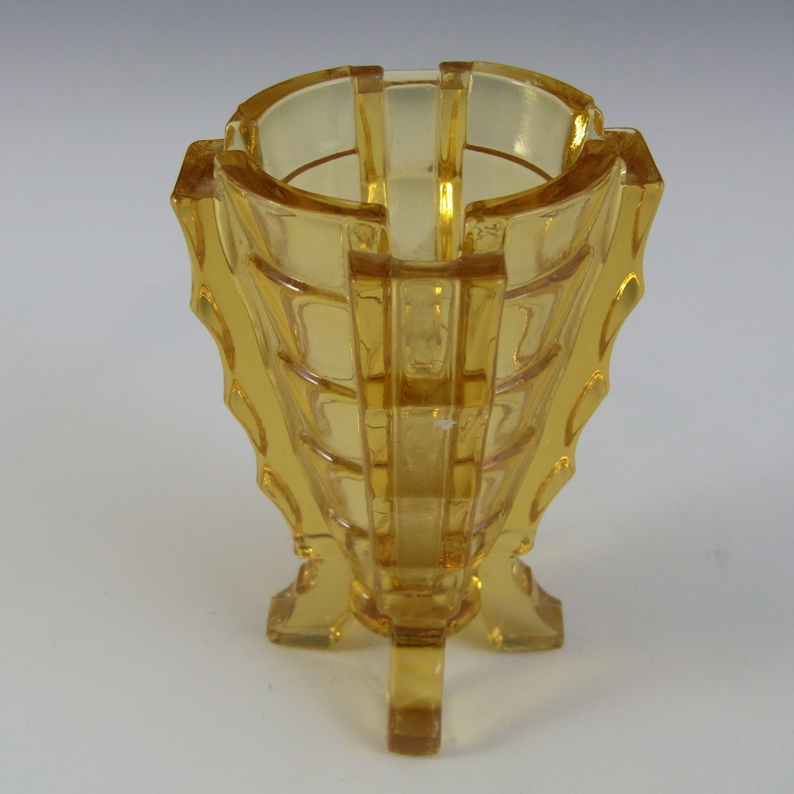 Bagley #3007 Art Deco 4.25" Vintage Amber Glass 'Bamboo' Vase - Click Image to Close