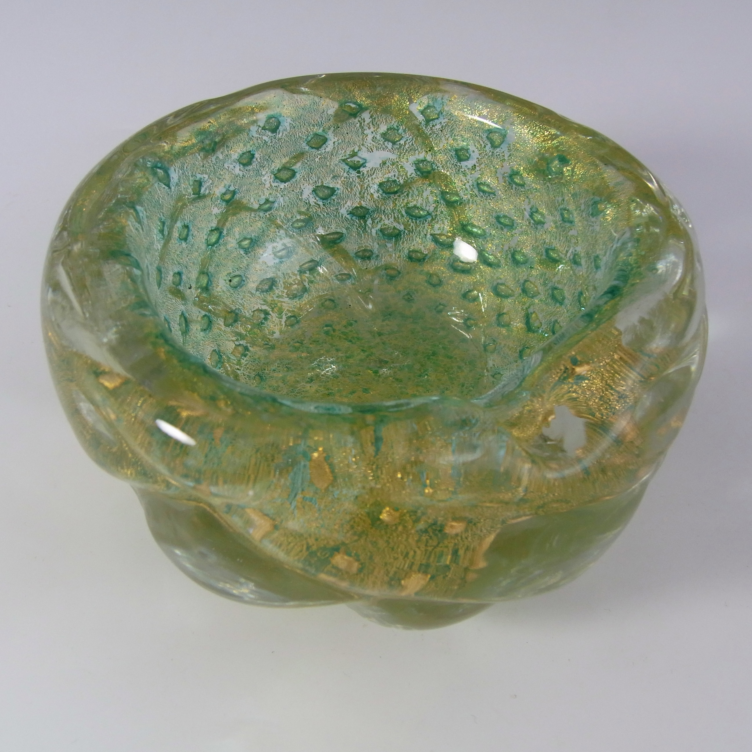 (image for) Barovier & Toso Murano Gold Leaf Green Glass Bubble Bowl - Click Image to Close