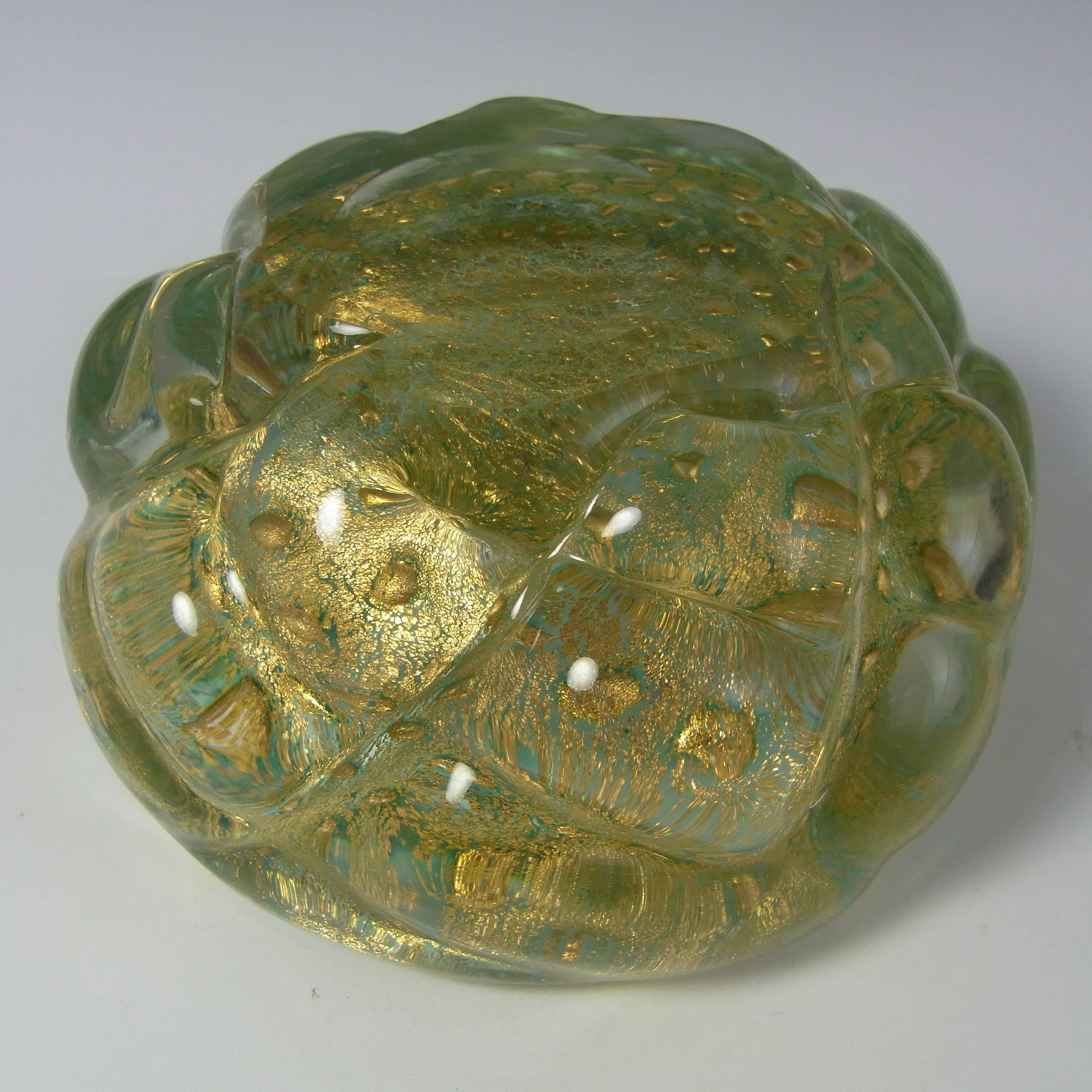 (image for) Barovier & Toso Murano Gold Leaf Green Glass Bubble Bowl - Click Image to Close
