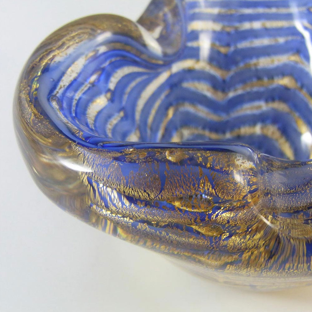 Barovier & Toso Murano Blue Stripe & Gold Leaf Blue Glass Bowl - Click Image to Close