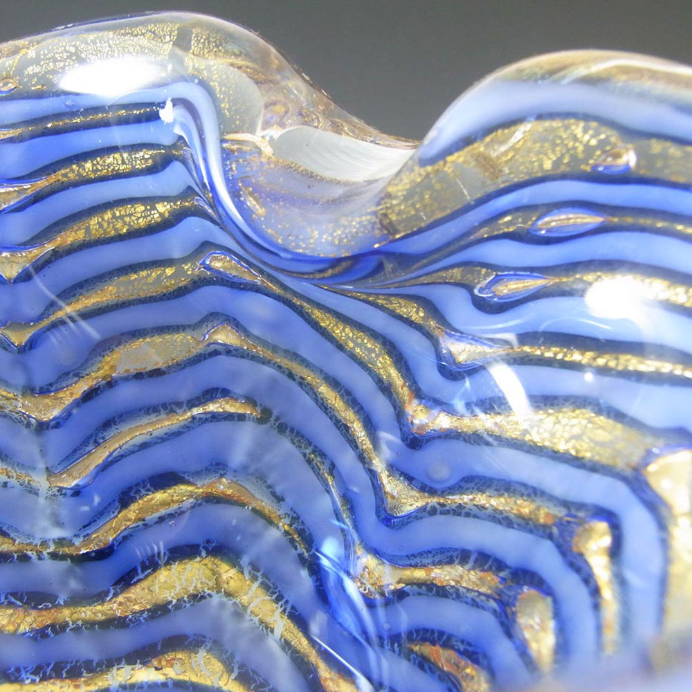 Barovier & Toso Murano Blue Stripe & Gold Leaf Blue Glass Bowl - Click Image to Close