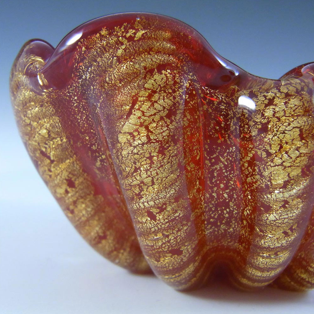 Barovier & Toso Murano Cordonato Oro Gold Leaf Red Glass Bowl - Click Image to Close