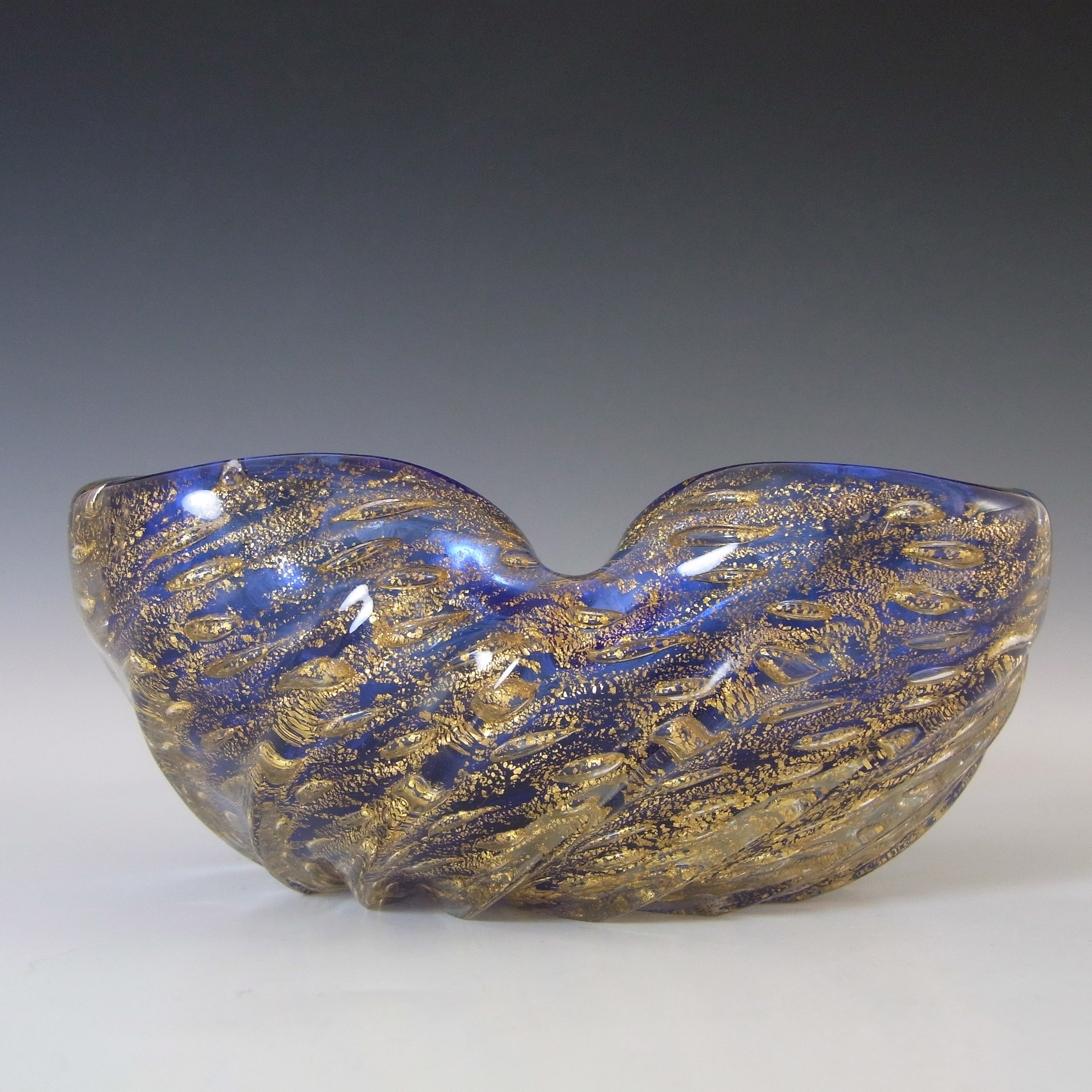 (image for) Barovier & Toso Murano Gold Leaf Blue Glass Bubble Bowl - Click Image to Close