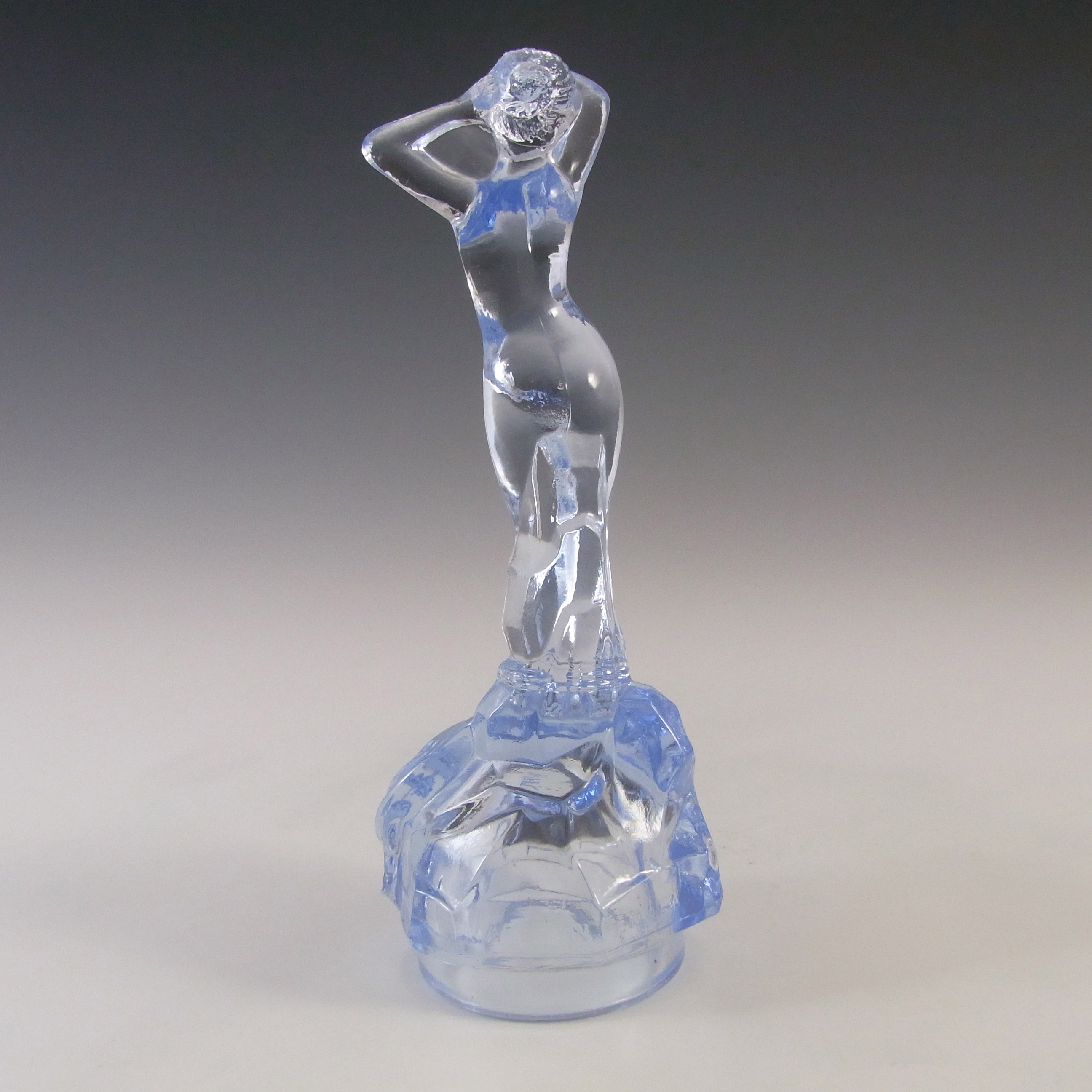 Bagley Art Deco Blue Glass 'Andromeda' Nude Lady Figurine - Click Image to Close