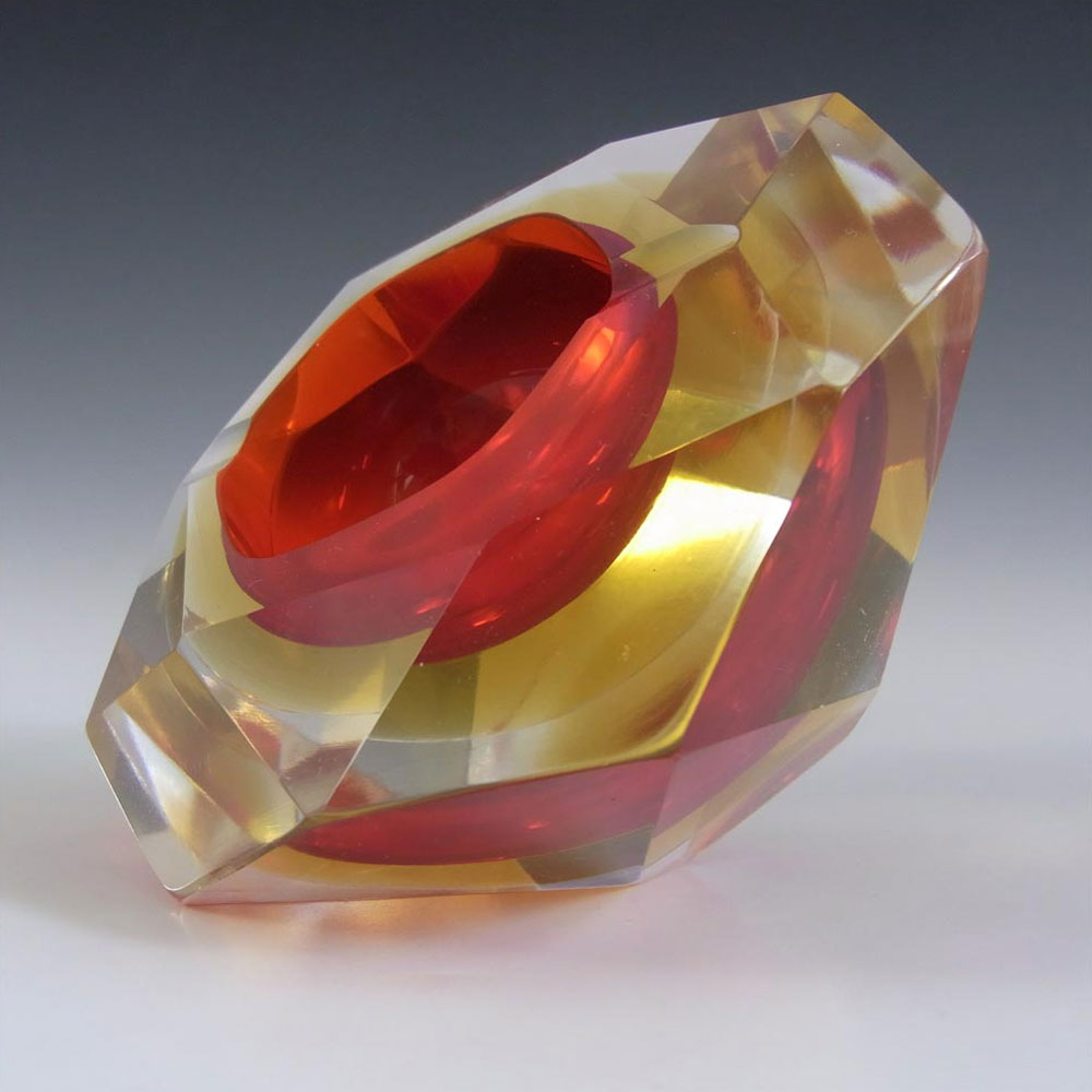 Murano Faceted Red & Amber Sommerso Glass Block Bowl #4 - Click Image to Close