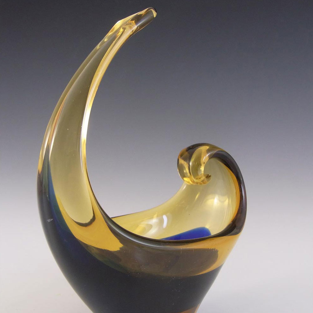 Murano Blue & Amber Sommerso Glass Organic Sculpture Bowl - Click Image to Close