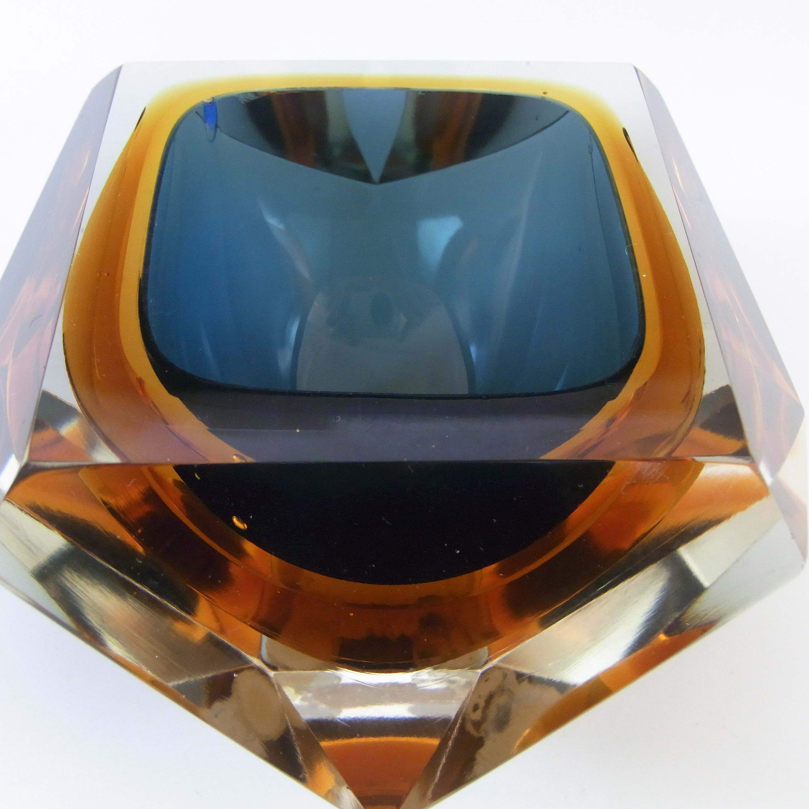 Murano Faceted Blue & Amber Sommerso Glass Block Bowl - Click Image to Close