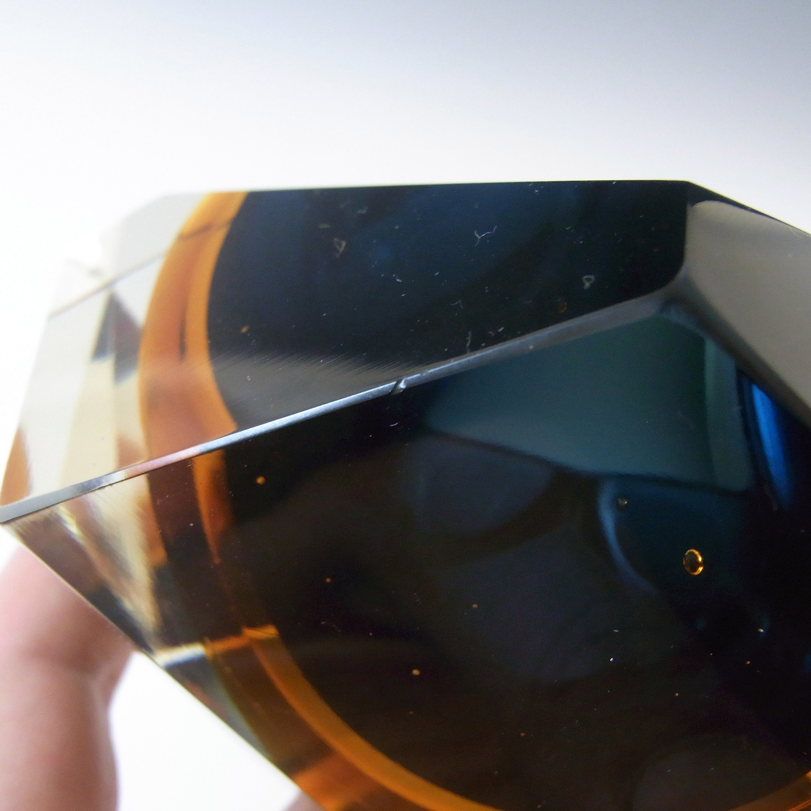 Murano Faceted Blue & Amber Sommerso Glass Block Bowl - Click Image to Close