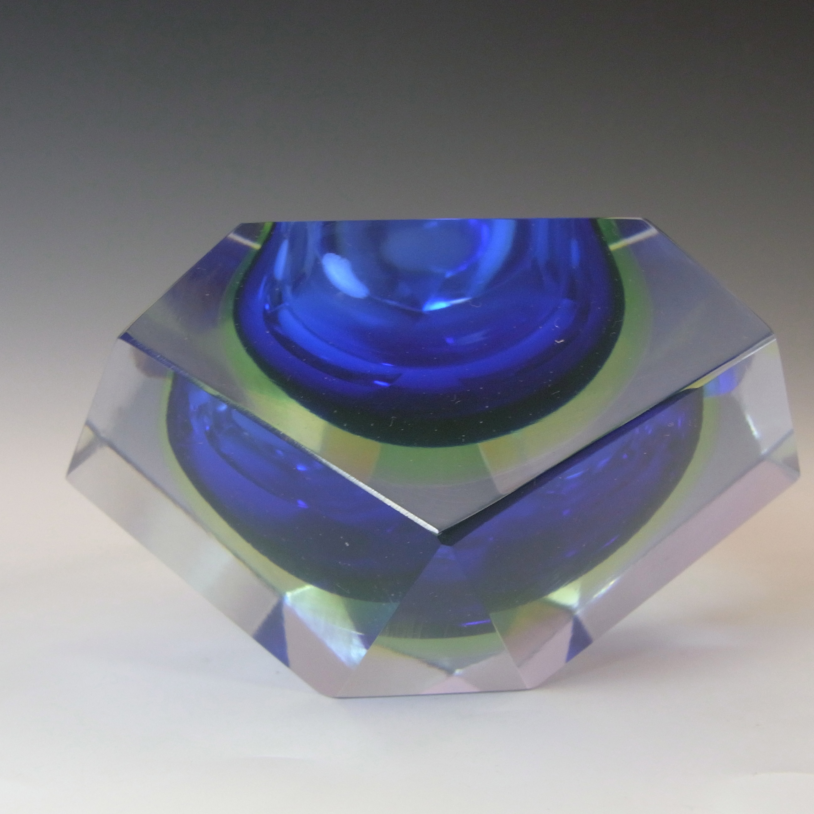 (image for) Murano Faceted Blue & Uranium Sommerso Glass Block Bowl - Click Image to Close