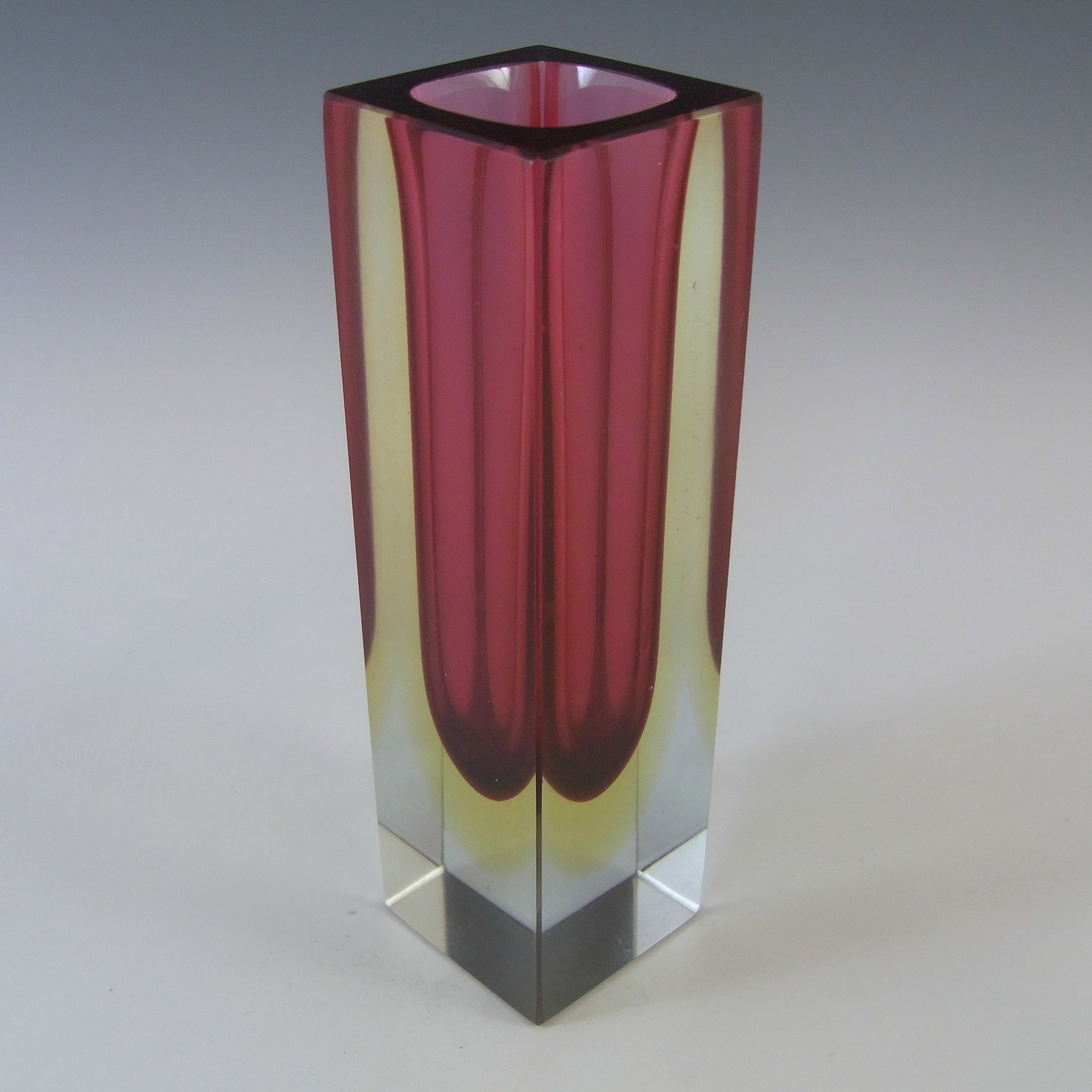 Murano Faceted Pink & Amber Sommerso Glass Block Vase - Click Image to Close