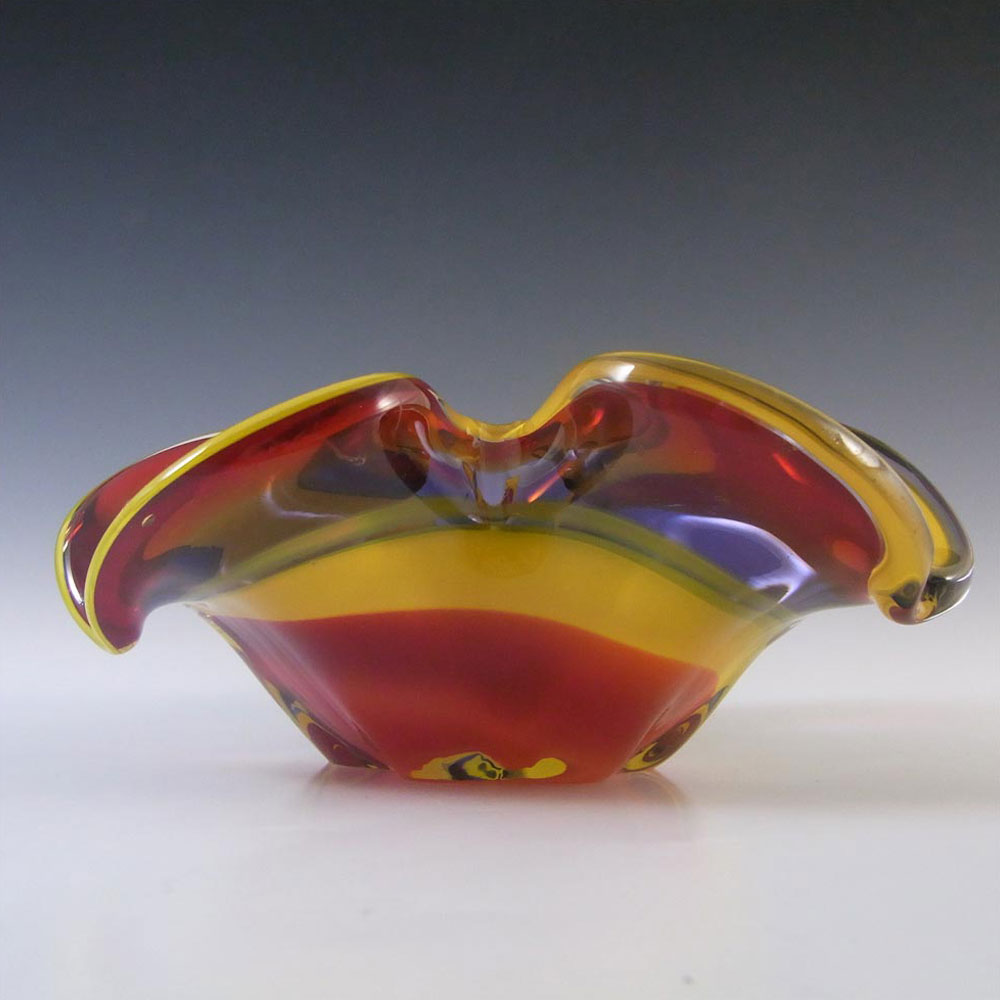 Iwatsu Japanese "Best Art Glass" Yellow, Blue & Red Bowl - Click Image to Close