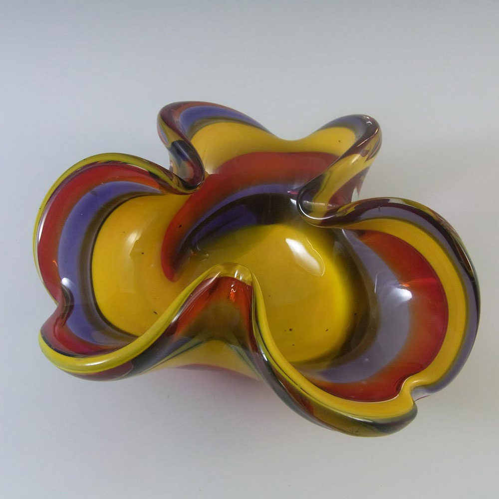 (image for) Iwatsu Japanese "Best Art Glass" Yellow, Blue & Red Bowl - Click Image to Close