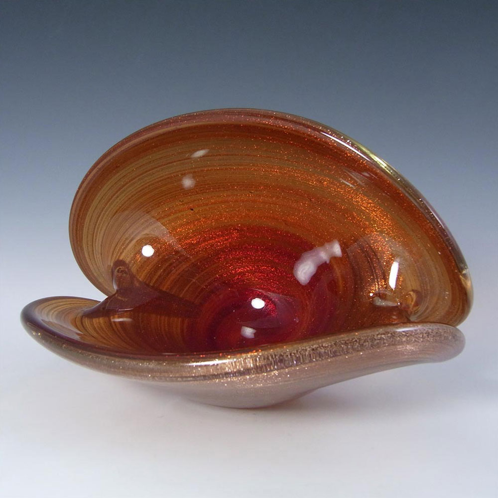 (image for) Murano Red Glass & Copper Aventurine Clam Bowl/Vase - Click Image to Close