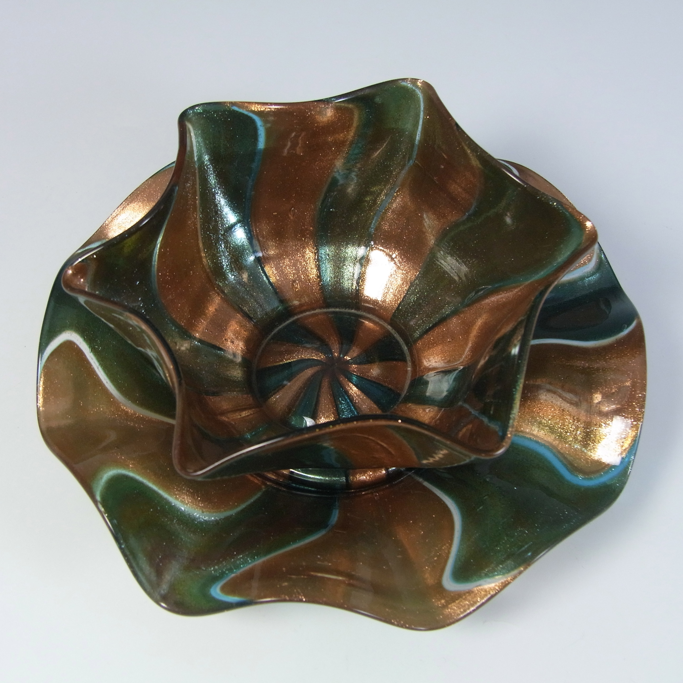 (image for) Salviati Green & Copper Aventurine Glass Finger Bowl + Plate - Click Image to Close