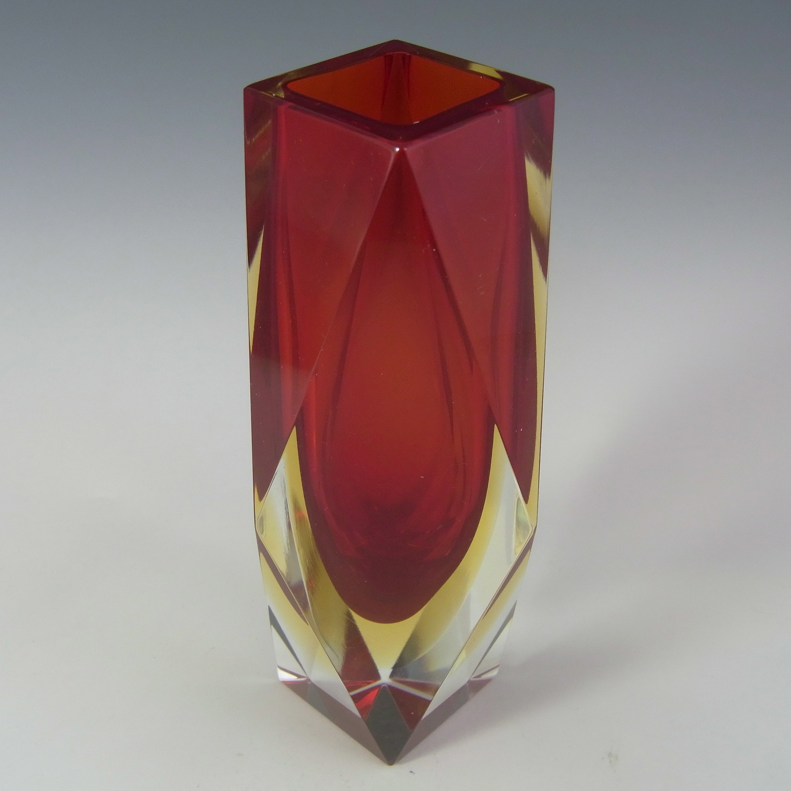 (image for) SIGNED Murano Faceted Red & Amber Sommerso Glass Block Vase - Click Image to Close