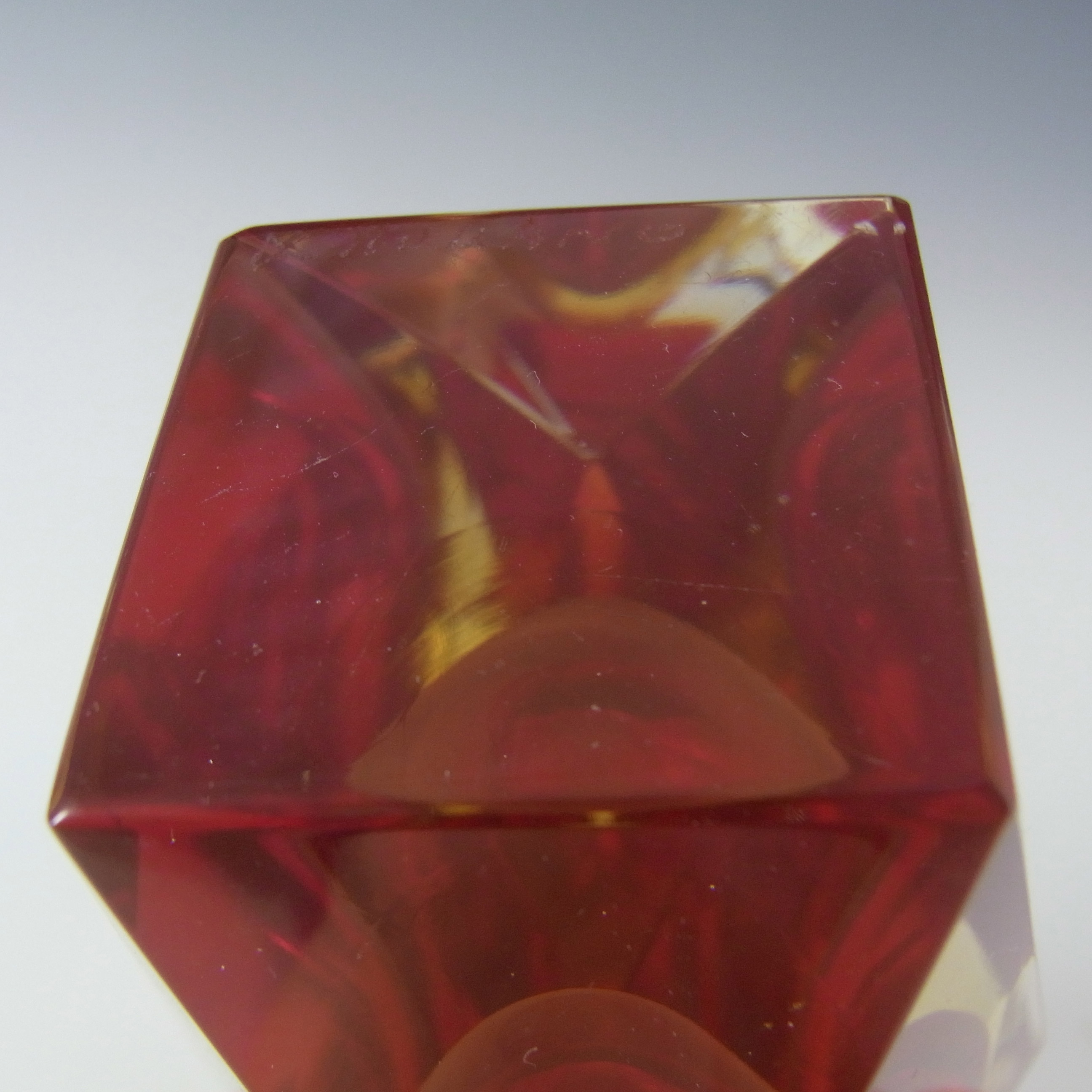 (image for) SIGNED Murano Faceted Red & Amber Sommerso Glass Block Vase - Click Image to Close