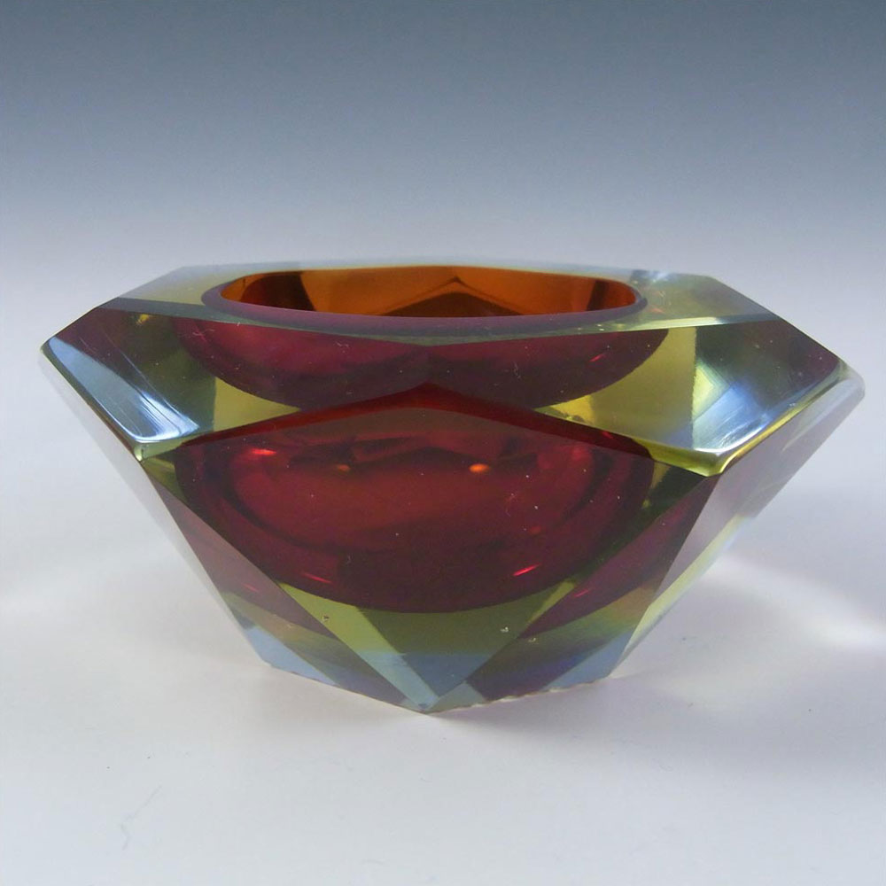 (image for) Murano Faceted Red, Amber & Blue Sommerso Glass Block Bowl - Click Image to Close