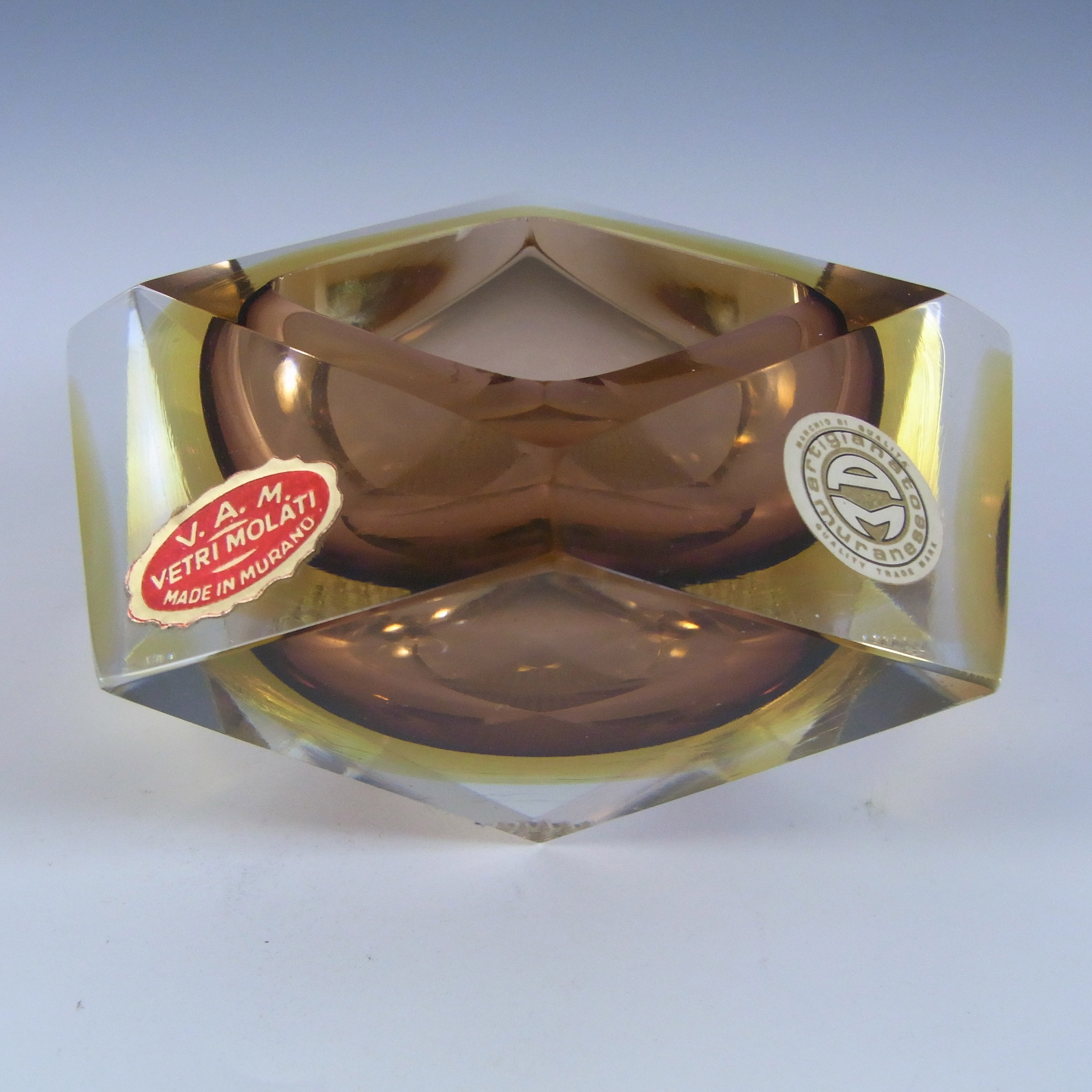 LABELLED Vetri Molati Murano Faceted Brown & Amber Sommerso Glass Bowl - Click Image to Close