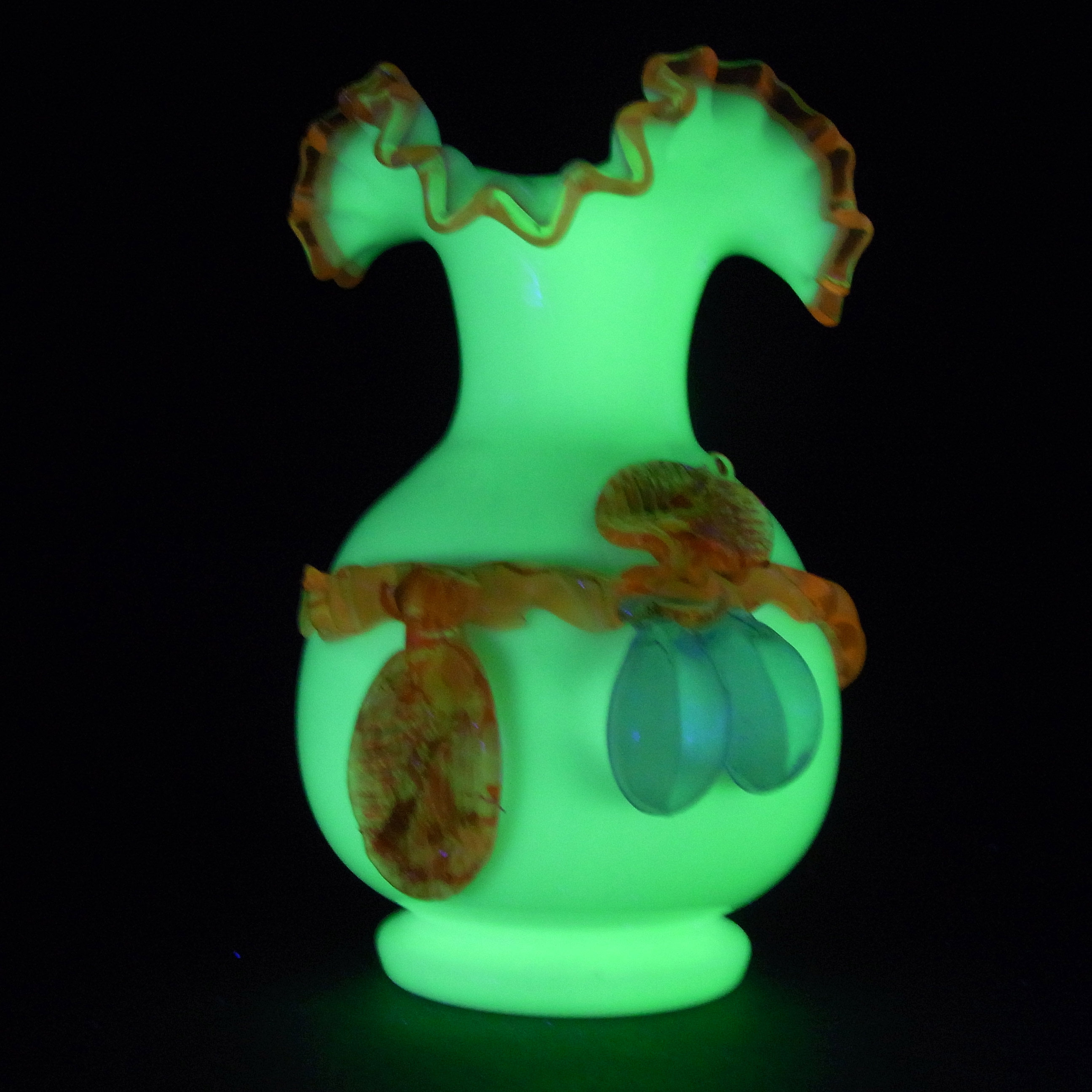 Victorian Uranium Custard Glass Ivory Applied Fruit Vase - Click Image to Close