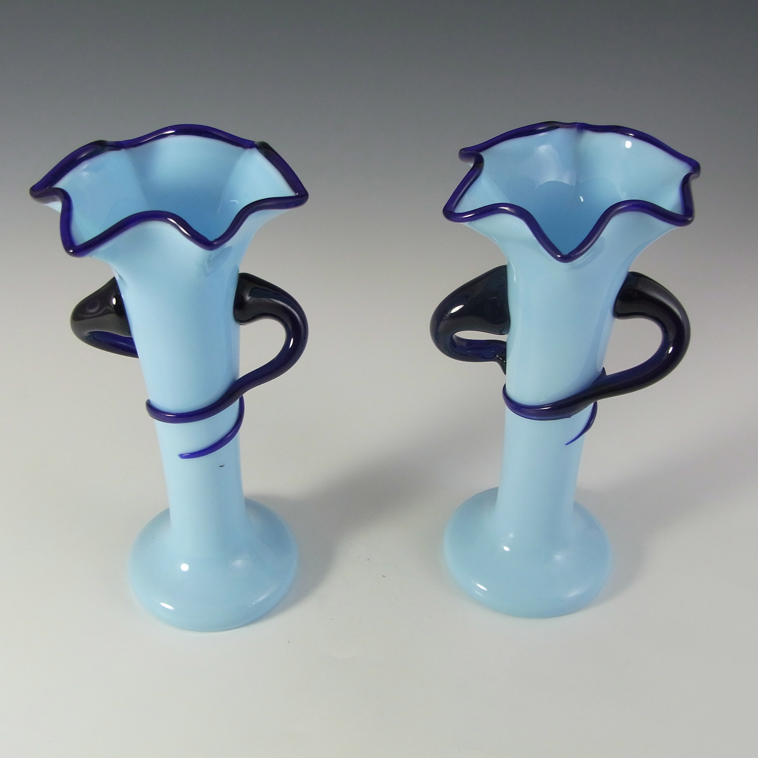 Welz Pair of Czech Art Deco Blue Glass Tango Vases - Click Image to Close