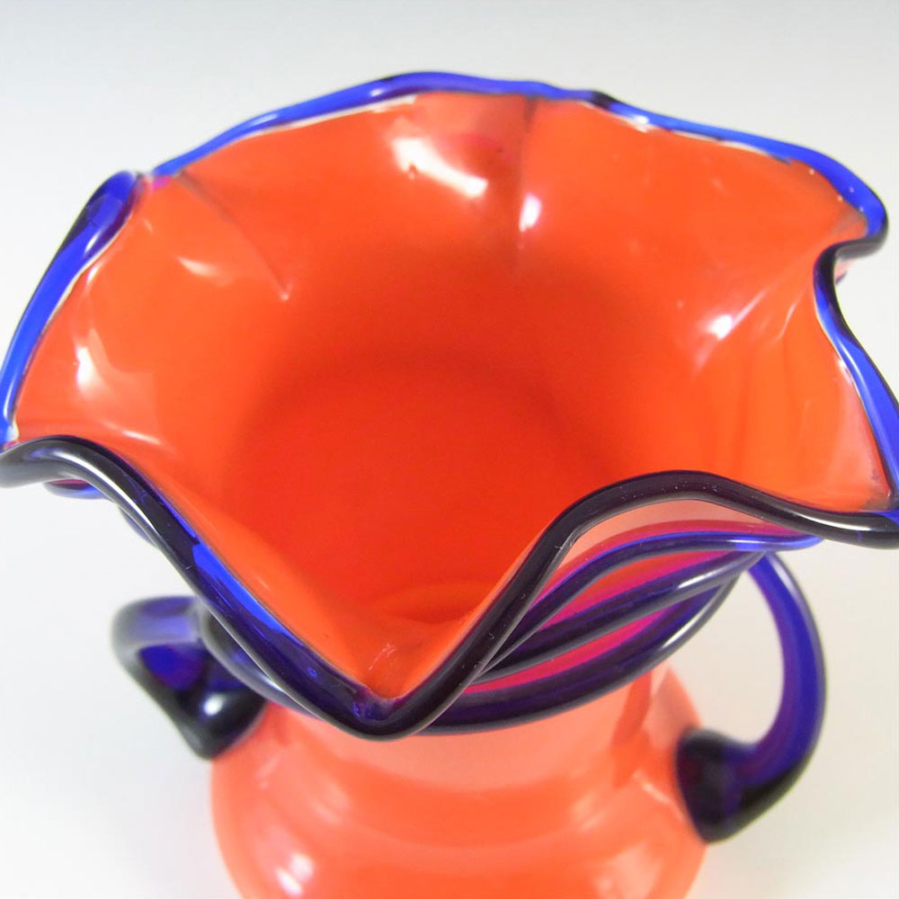 (image for) Czech Orangey Red Glass Tango Vase w Blue Trailing, Art Deco - Click Image to Close