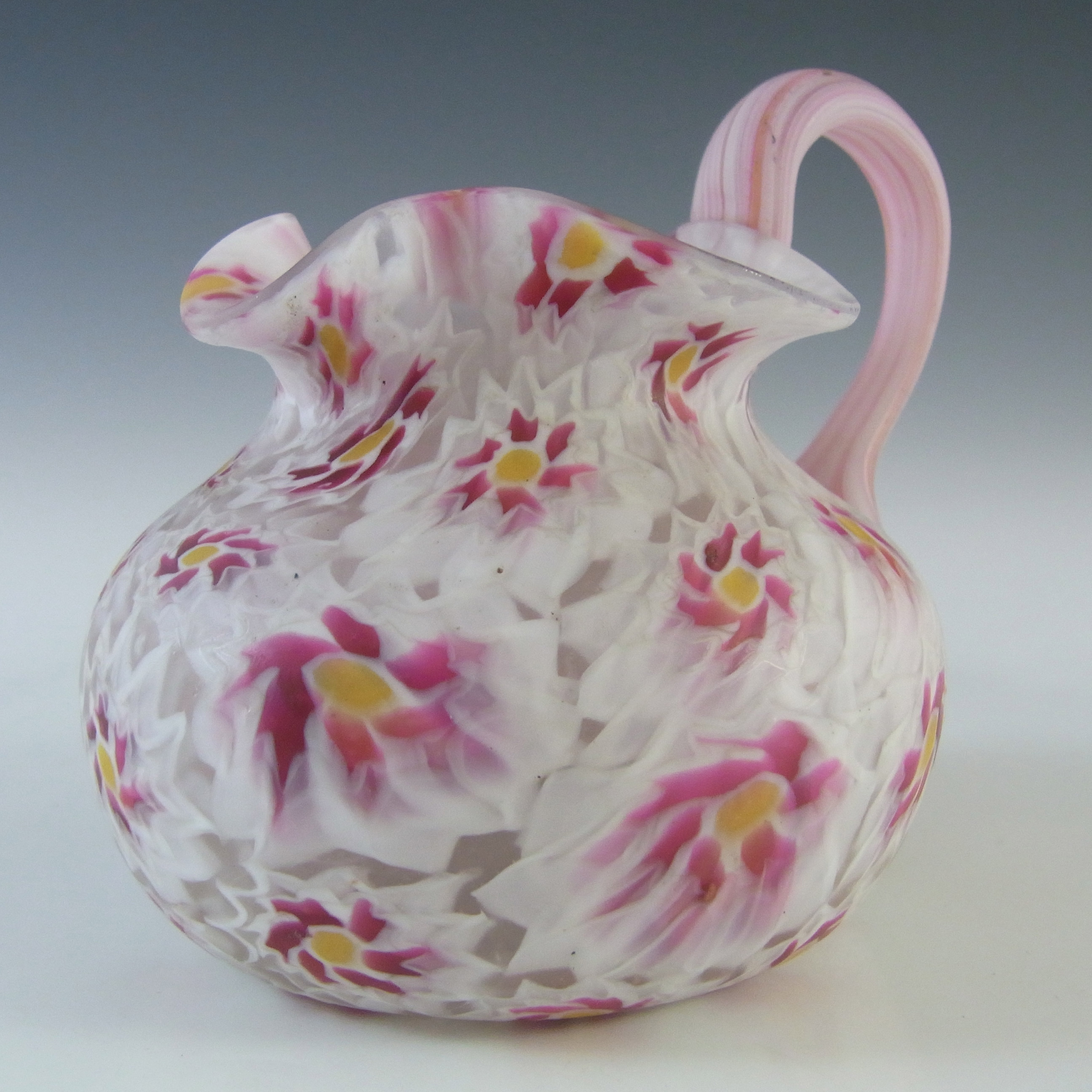 (image for) Fratelli Toso Millefiori Canes Murano Pink & White Glass Jug - Click Image to Close