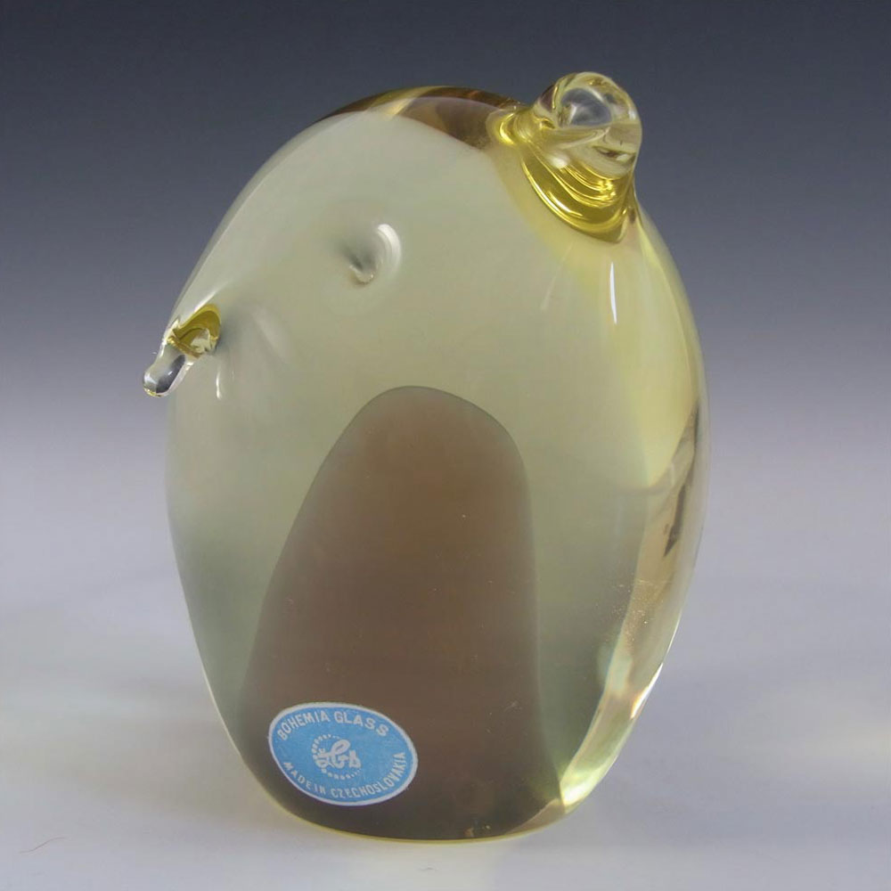 Zelezny Brod Czech Amber + Yellow Glass Owl - Labelled - Click Image to Close
