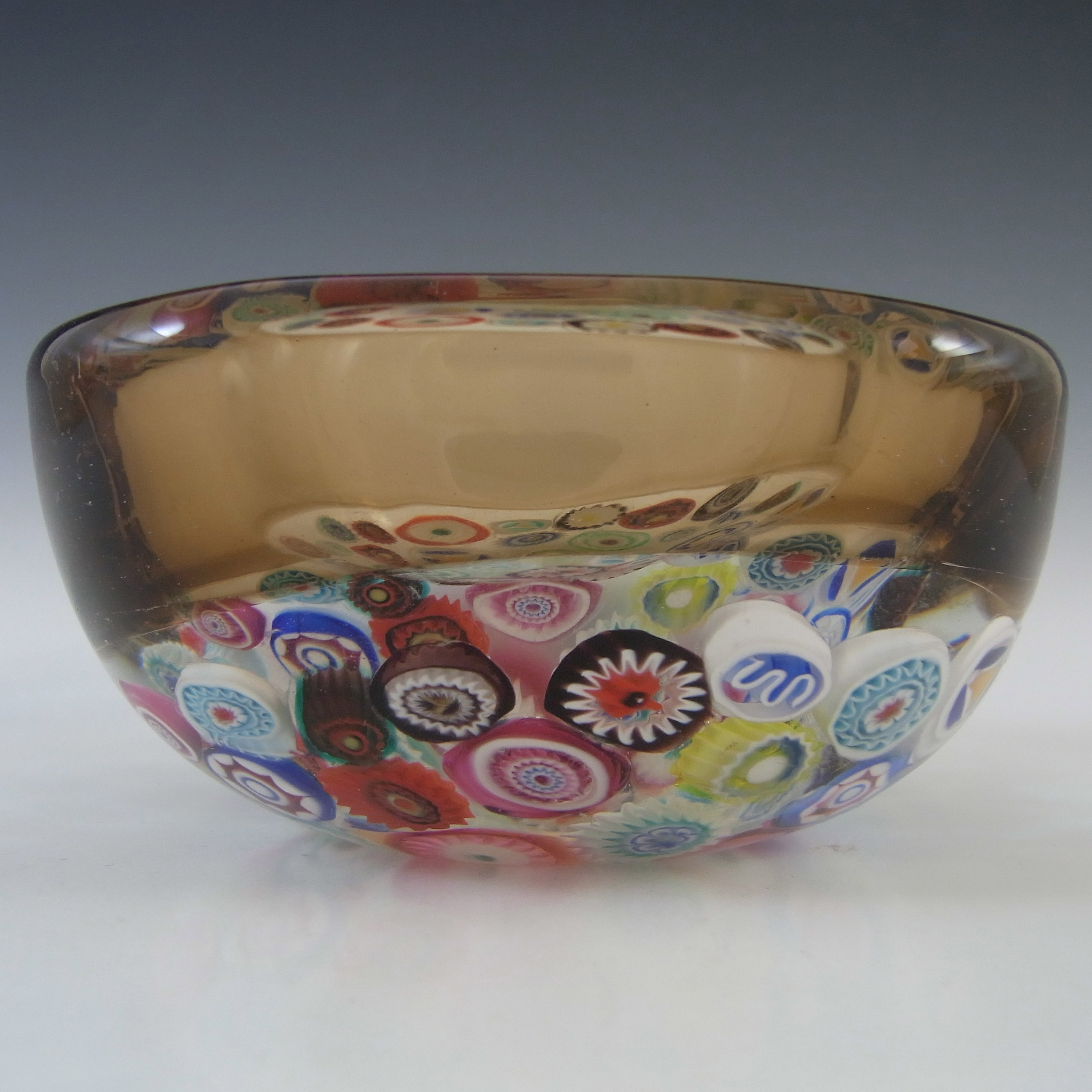 Archimede Seguso Murano Incalmo Millefiori Amber Square Glass Bowl - Click Image to Close