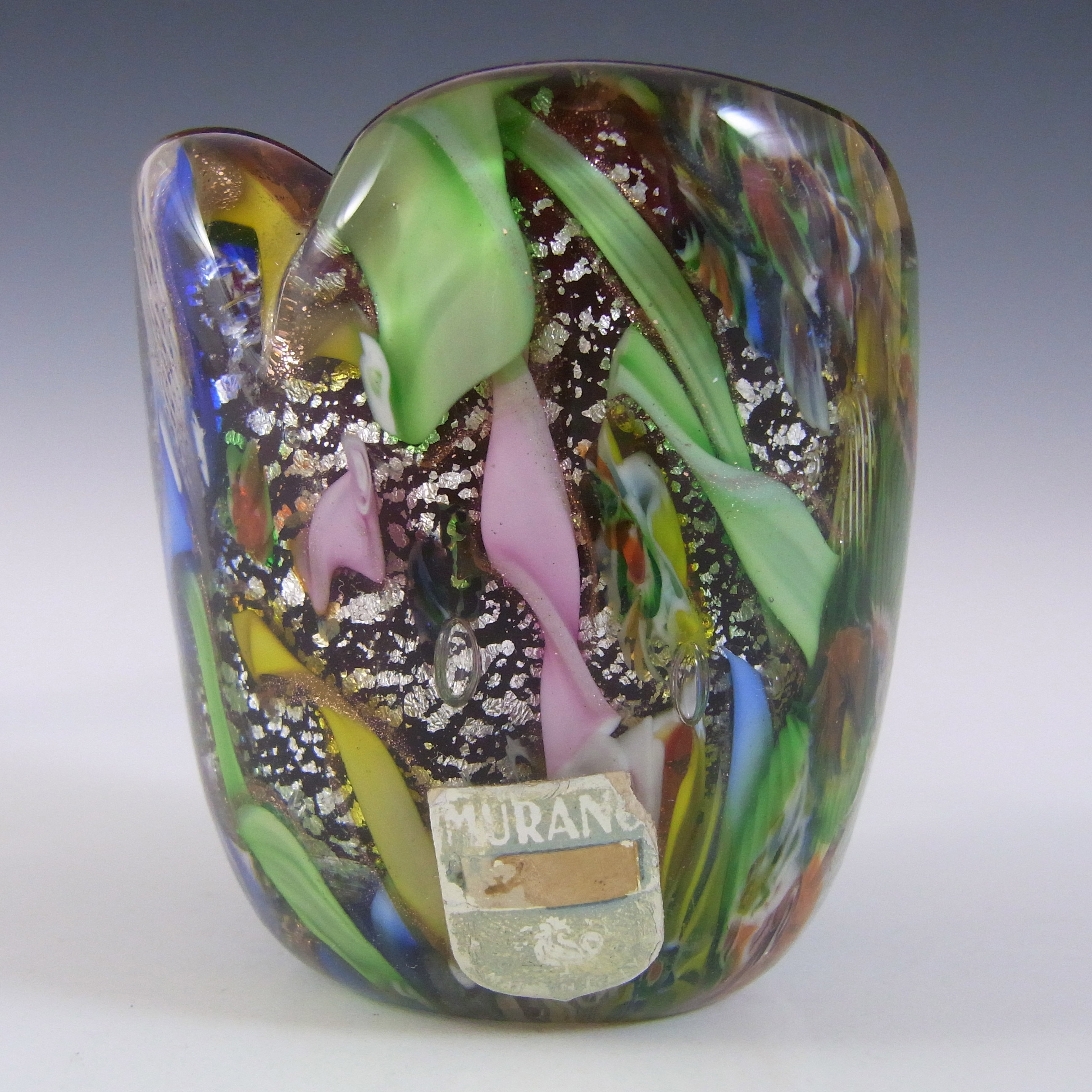 AVEM Murano Zanfirico Bizantino / Tutti Frutti Red Glass Vase w Label - Click Image to Close