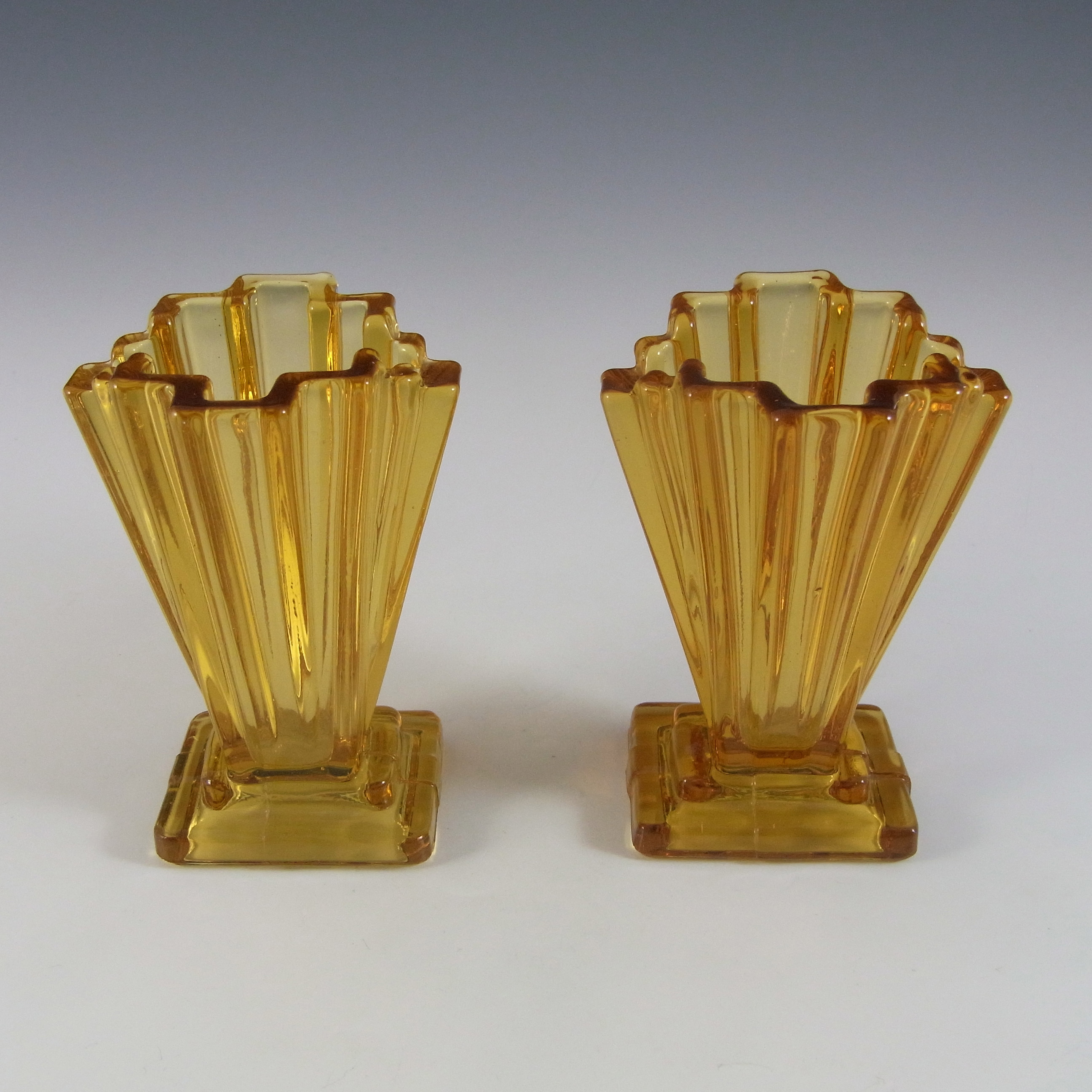 (image for) Bagley #334 Pair of Art Deco 4" Amber Glass 'Grantham' Vases - Click Image to Close