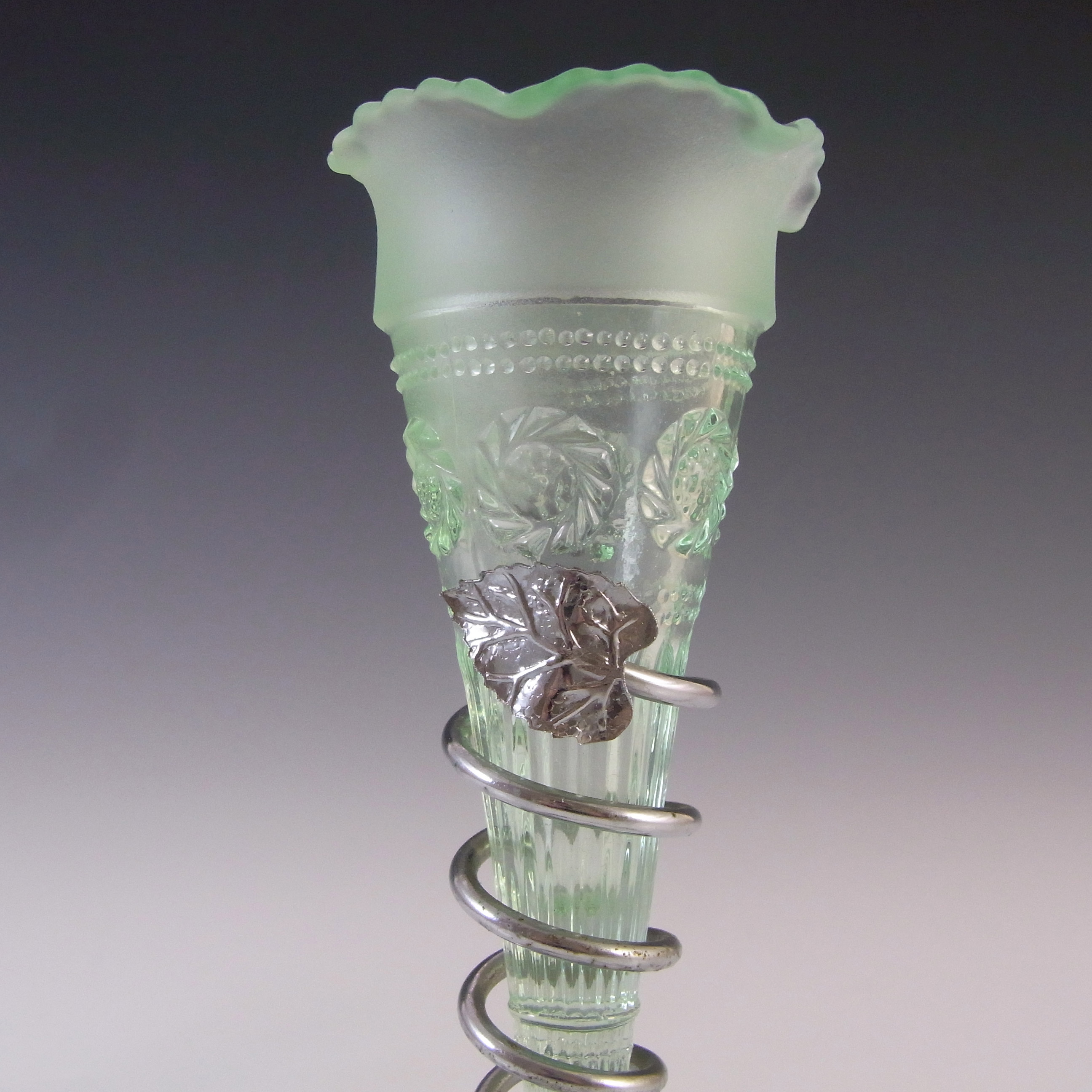 Bagley #3187 Art Deco 6.25" Green Glass & Metal 'Katherine' Vase - Click Image to Close