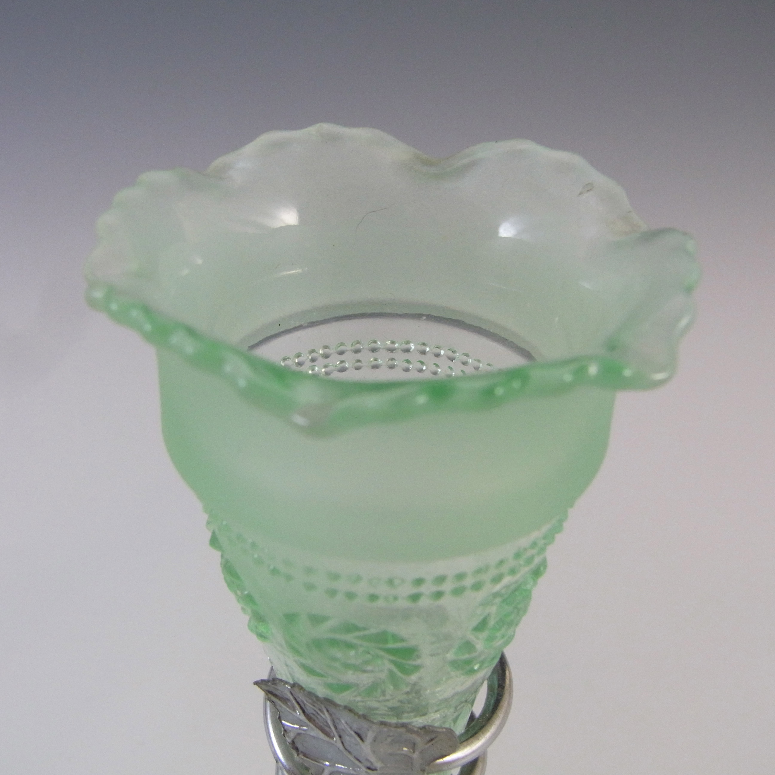 (image for) Bagley #3187 Art Deco 6.25" Green Glass & Metal 'Katherine' Vase - Click Image to Close